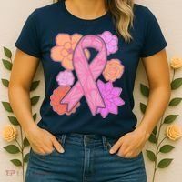 Breast Cancer Awareness Floral Flowers Ribbon Women's T-Shirt thumb 2