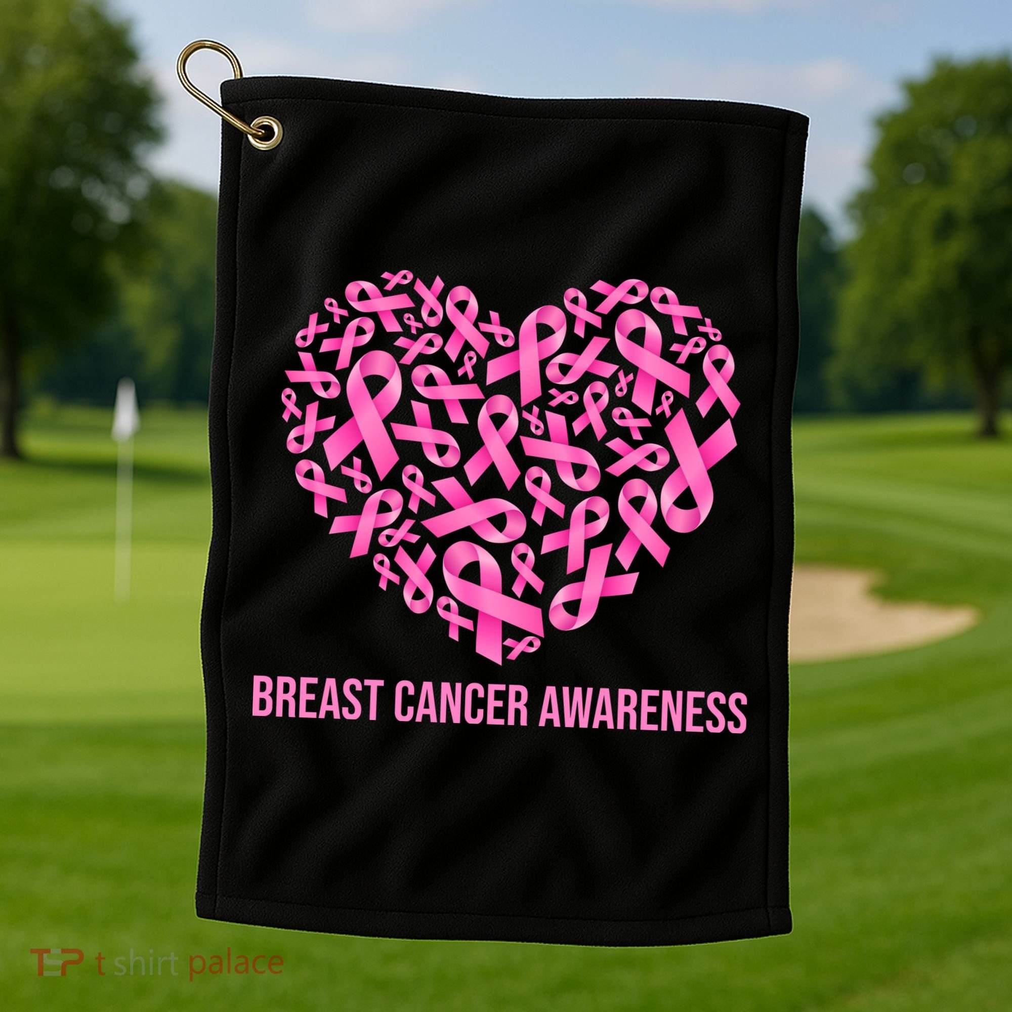 Breast Cancer Awareness Pink Ribbon Heart Golf Towel