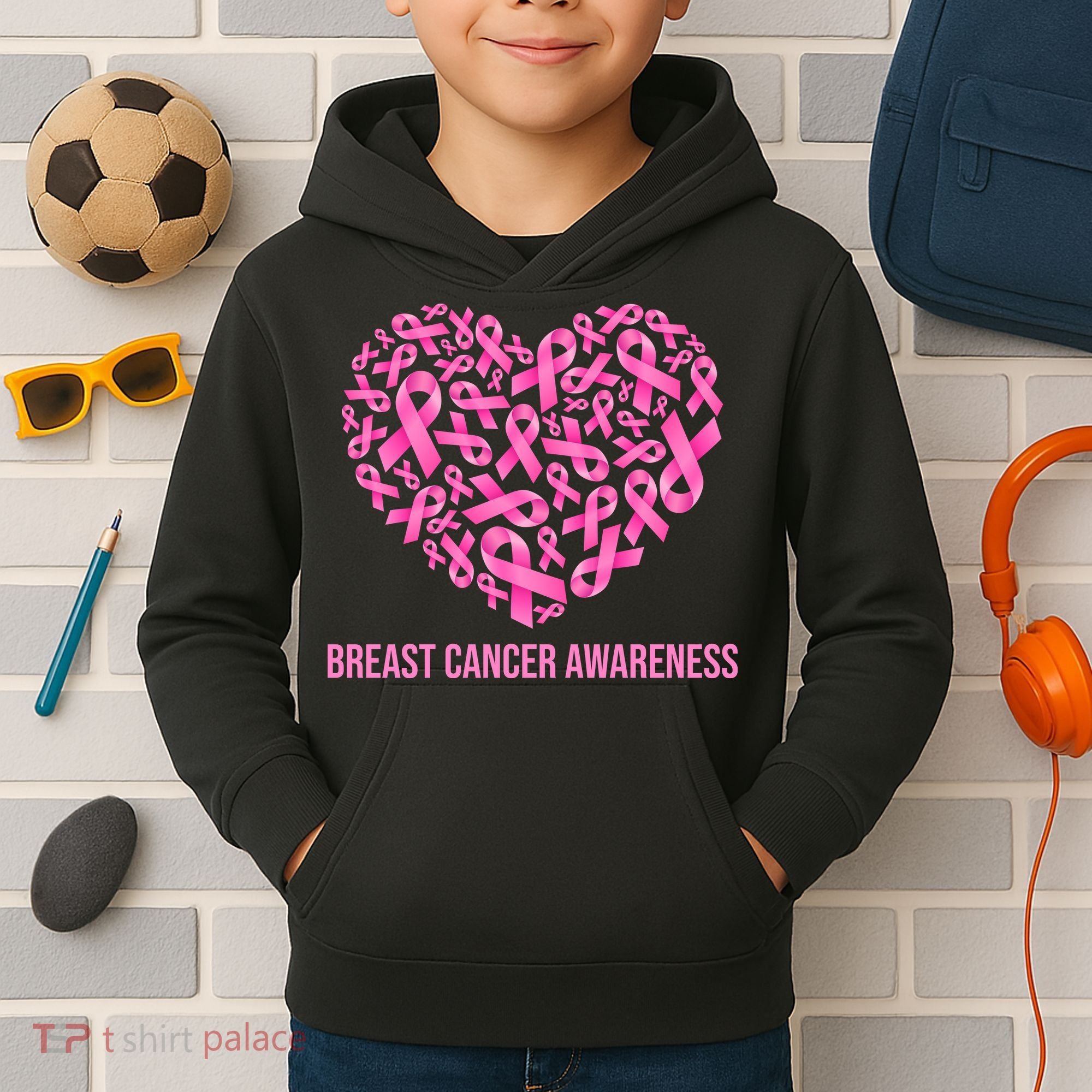 Breast Cancer Awareness Pink Ribbon Heart Kids Hoodie