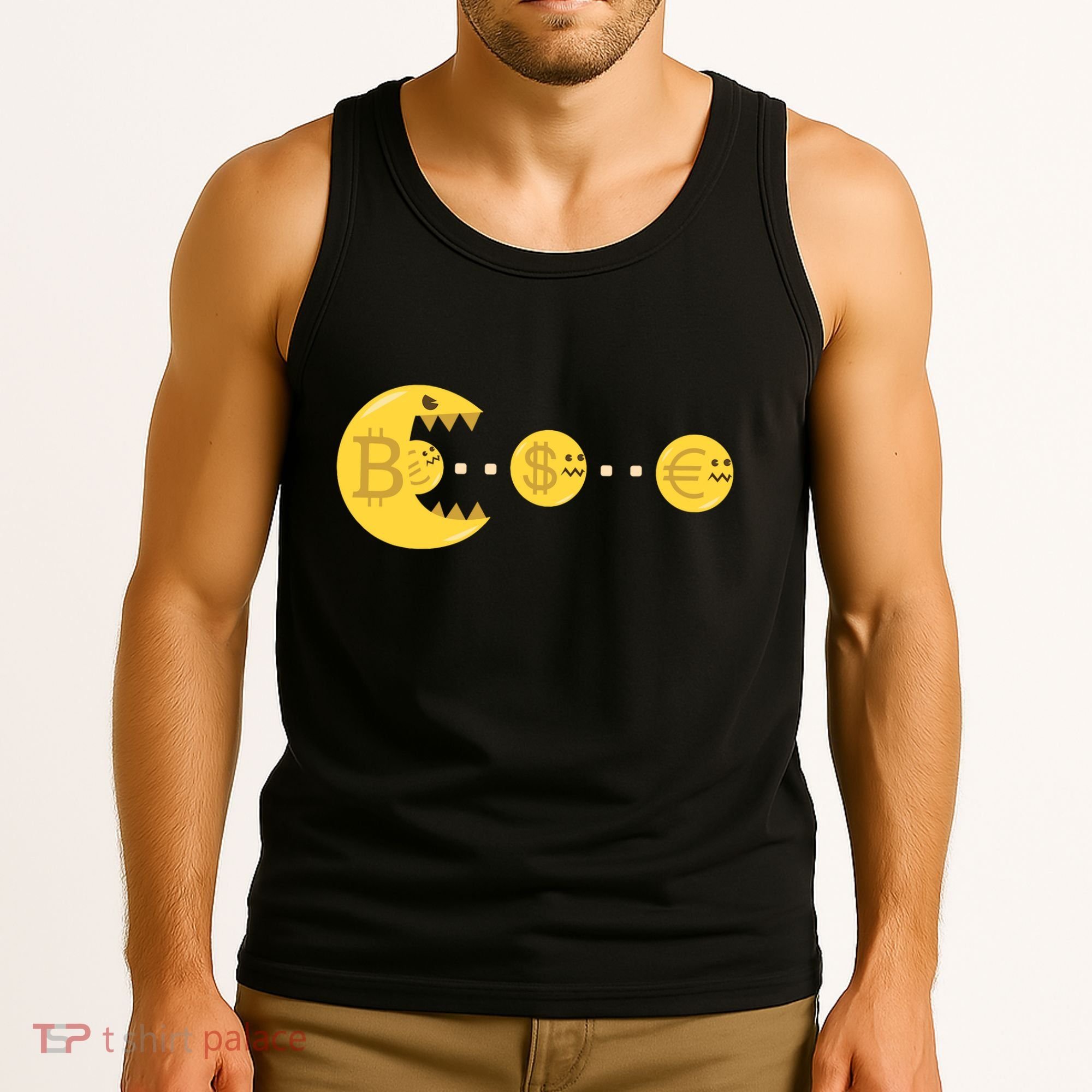 Bitcoin Chases And Eats The Dollar Euro For Crypto Fans Tank Top