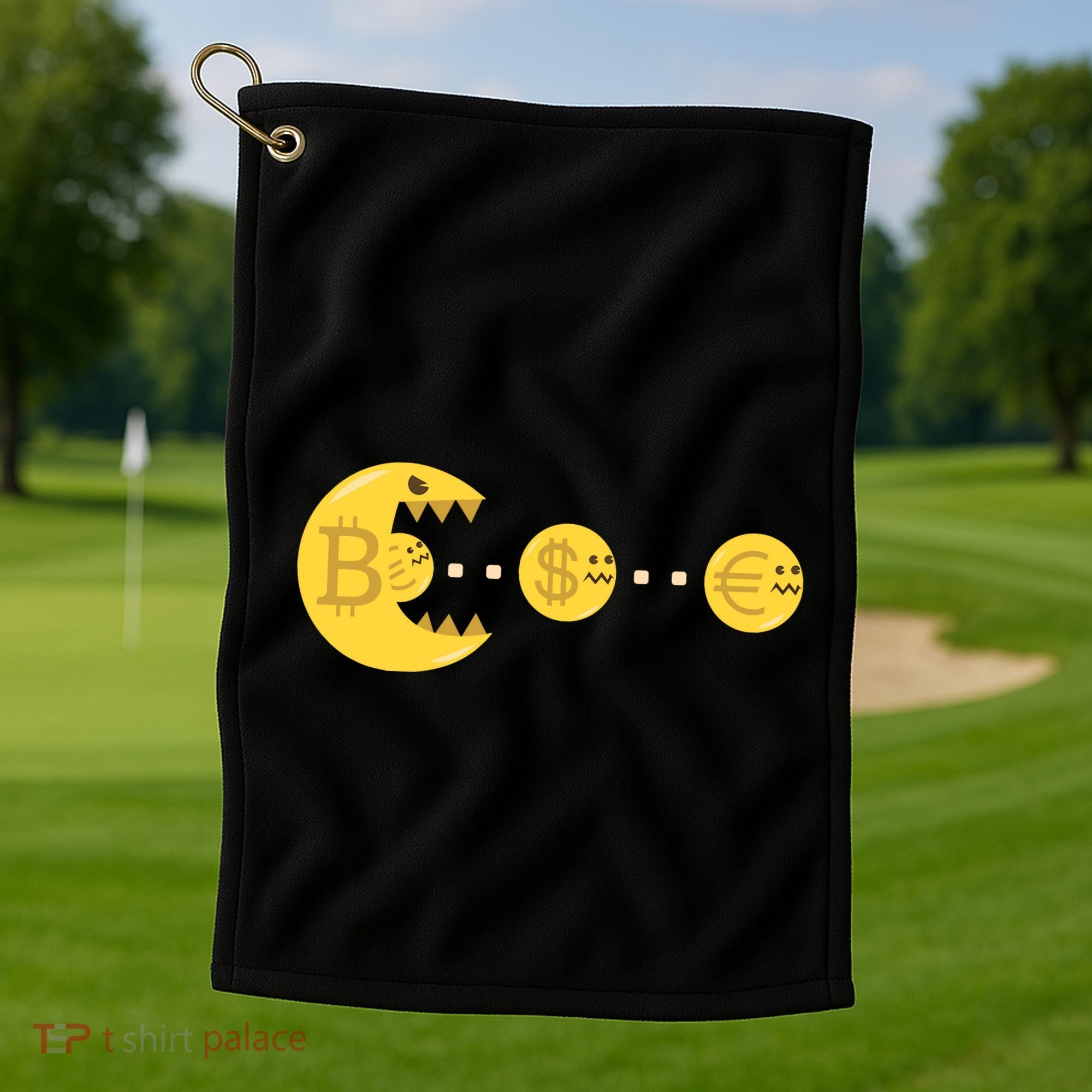 Bitcoin Chases And Eats The Dollar Euro For Crypto Fans Golf Towel