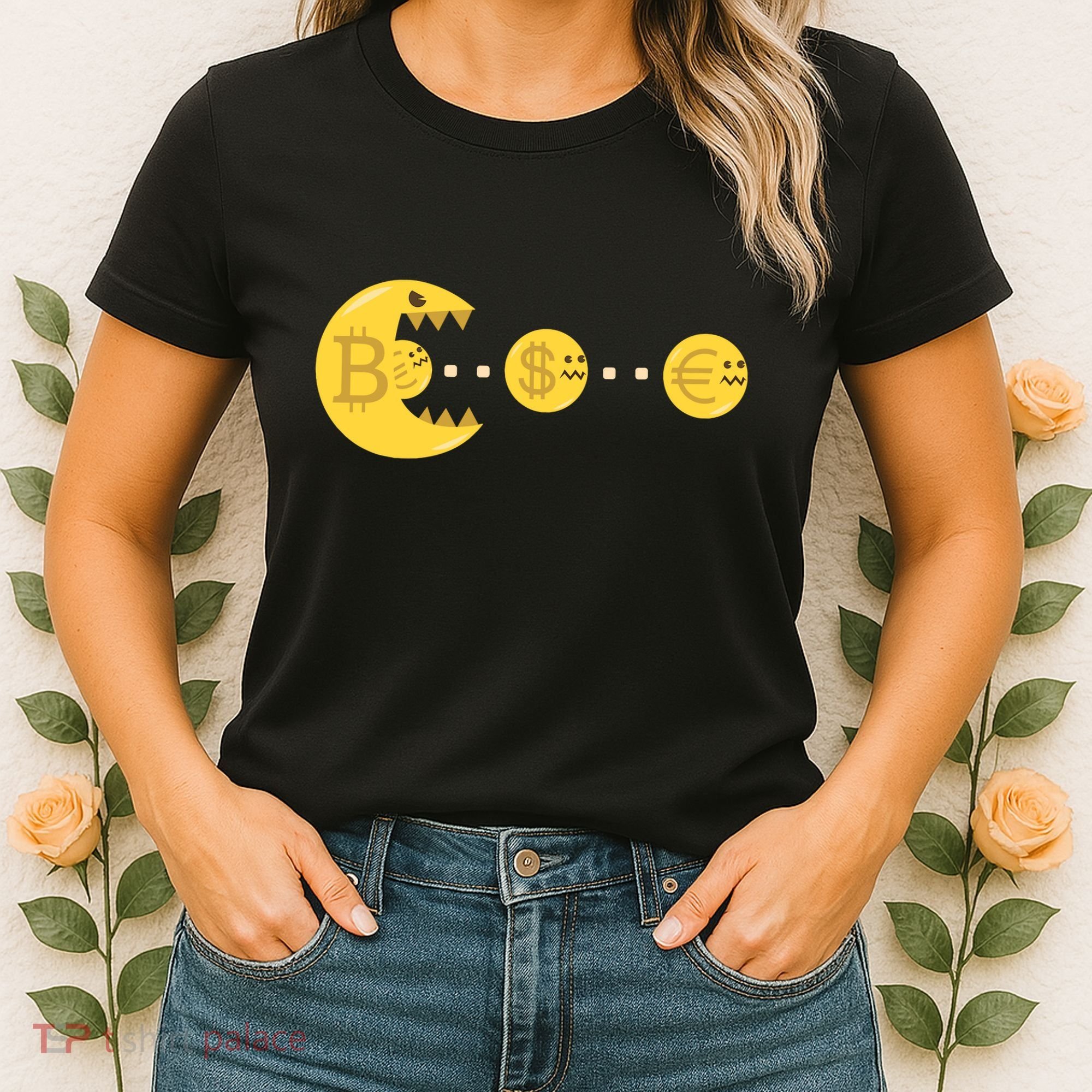 Bitcoin Chases And Eats The Dollar Euro For Crypto Fans Women's T-Shirt