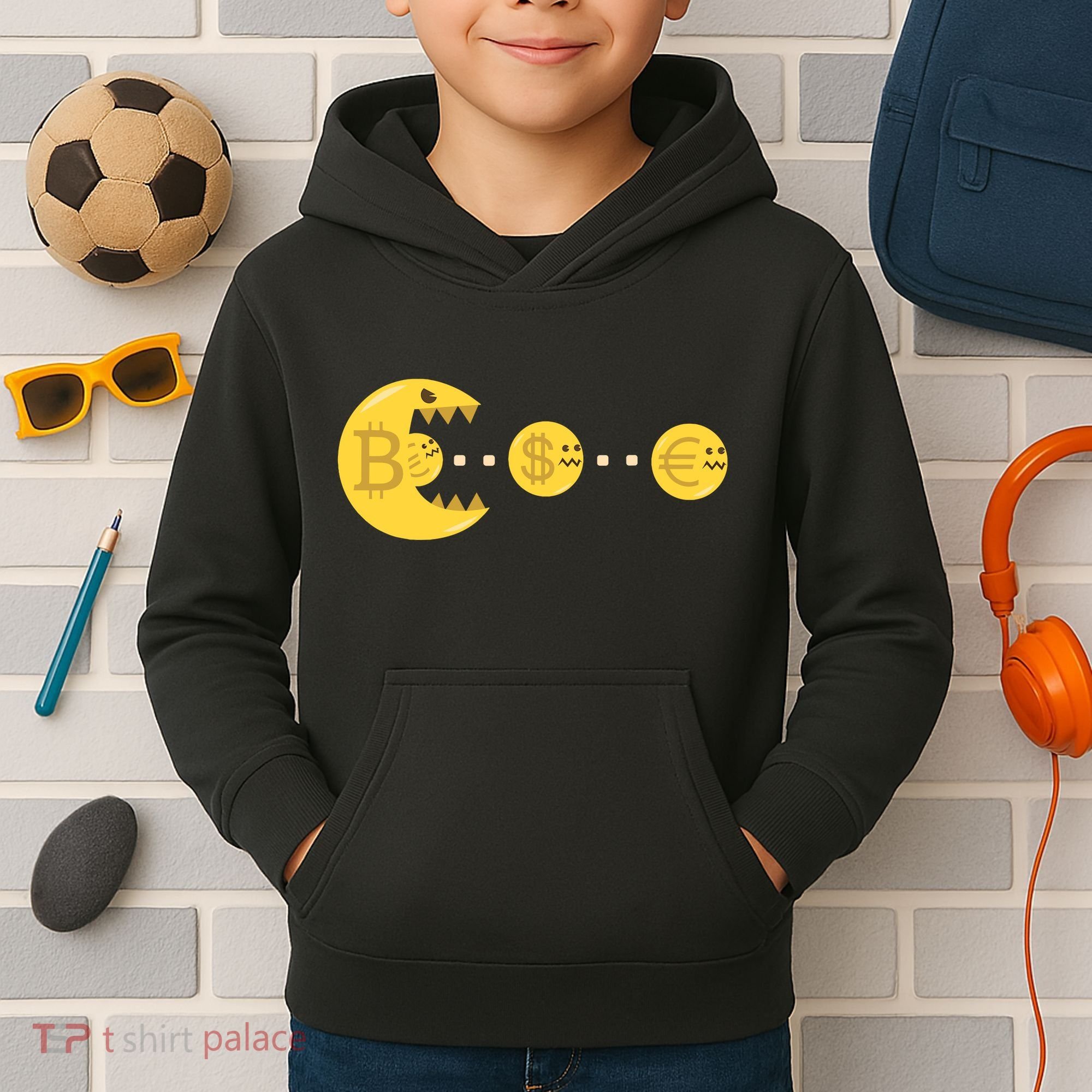 Bitcoin Chases And Eats The Dollar Euro For Crypto Fans Kids Hoodie