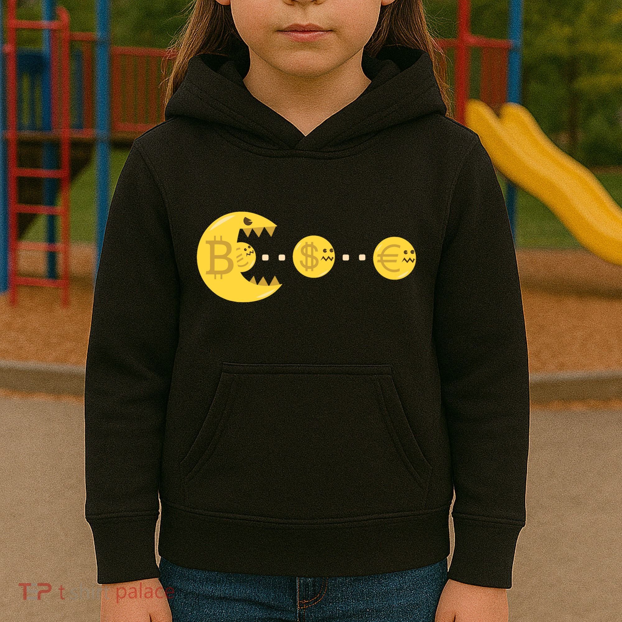 Bitcoin Chases And Eats The Dollar Euro For Crypto Fans Kids Hoodie
