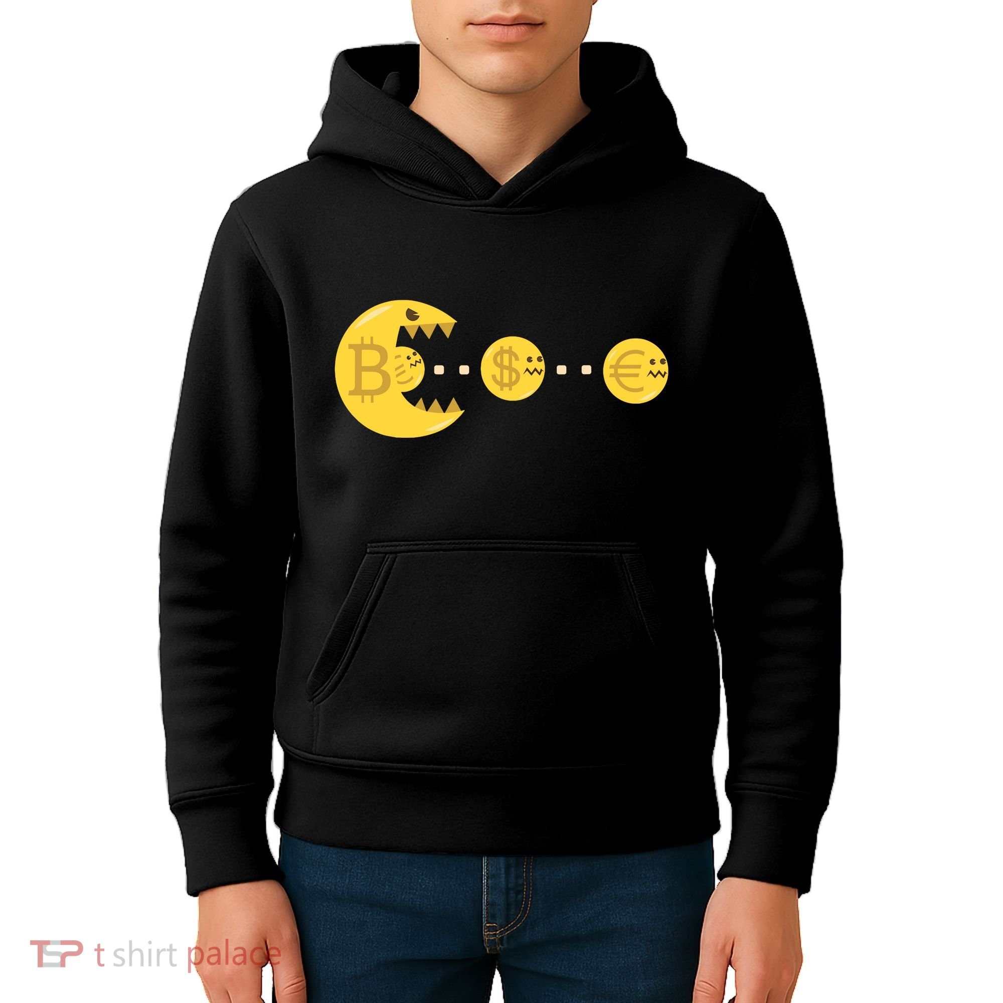 Bitcoin Chases And Eats The Dollar Euro For Crypto Fans Kids Hoodie