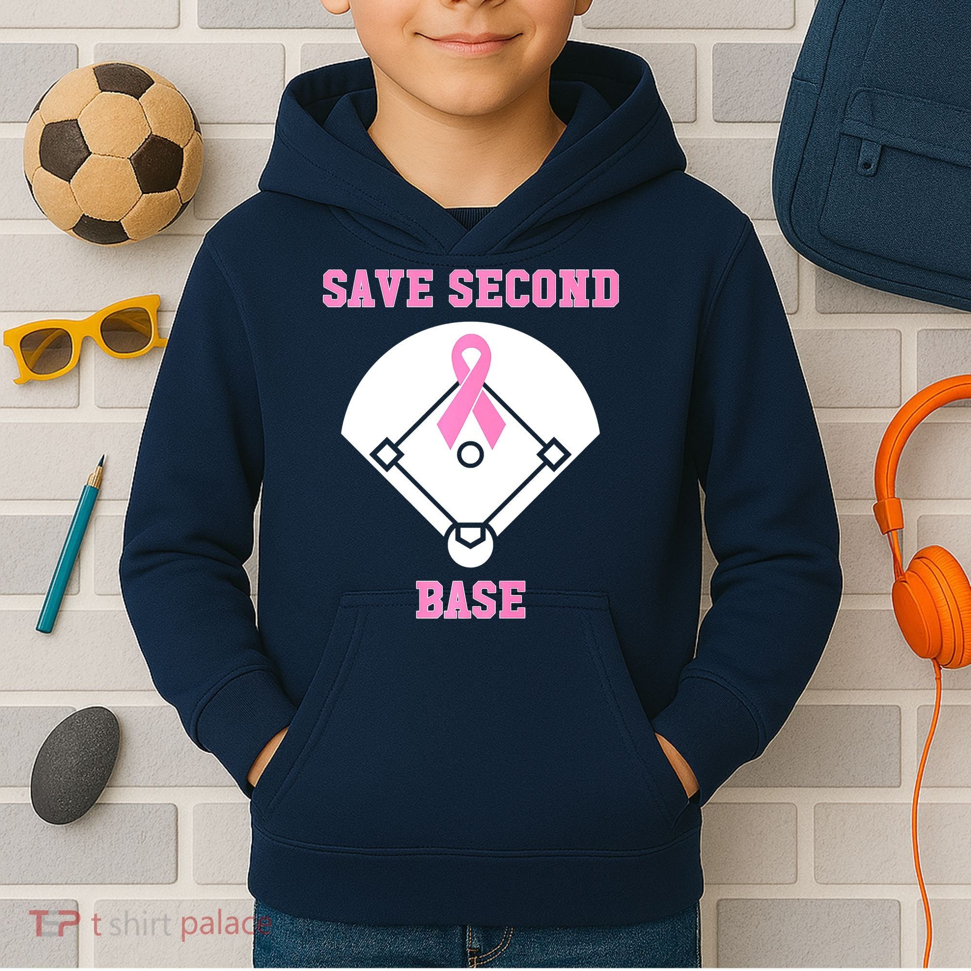 Breast Cancer Awareness Save Second Base Pink Ribbon Kids Hoodie