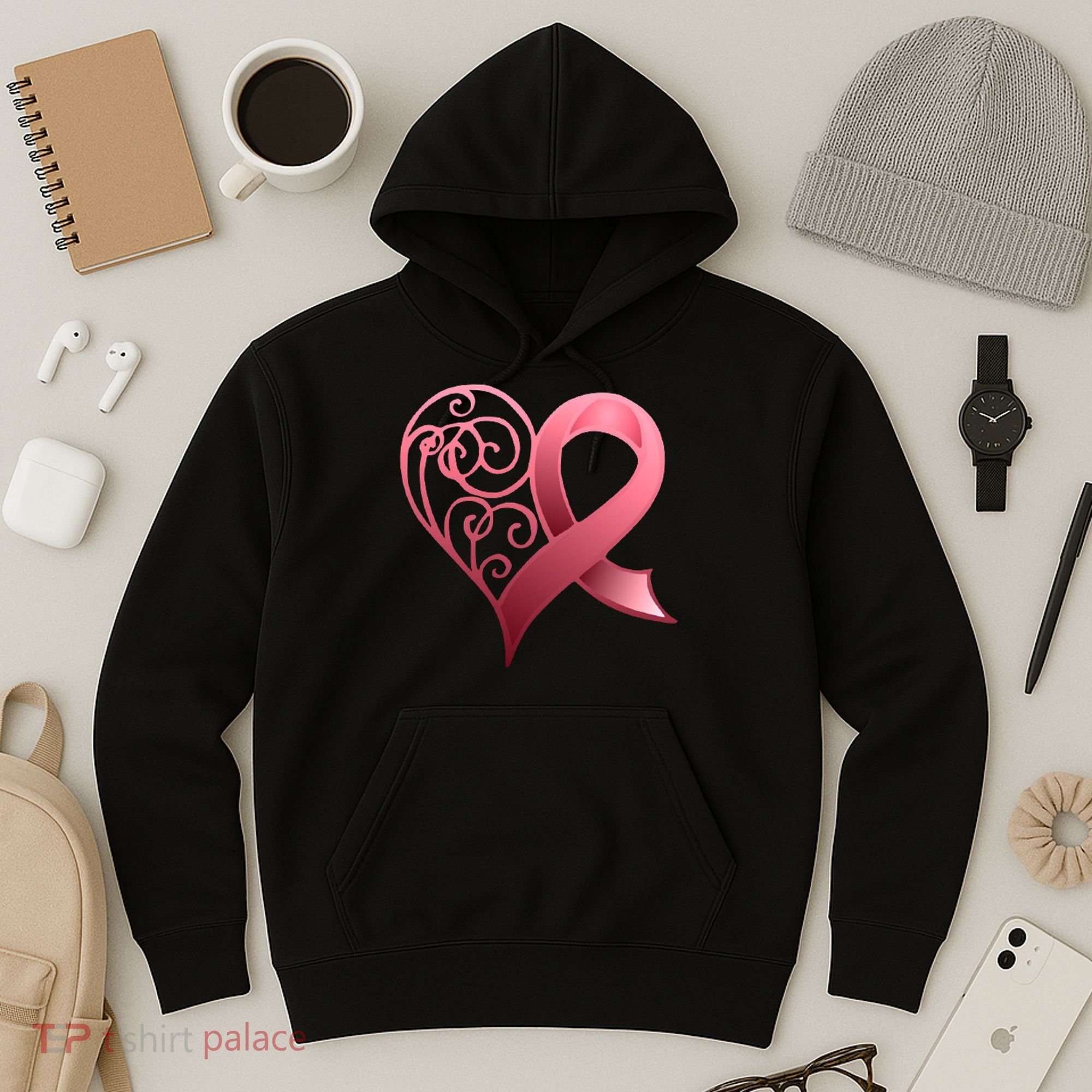 Breast Cancer Awareness Ribbon Heart Pattern Hoodie