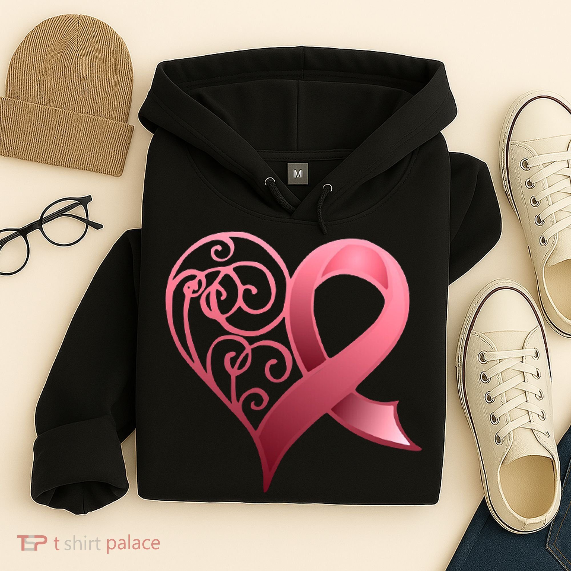Breast Cancer Awareness Ribbon Heart Pattern Hoodie