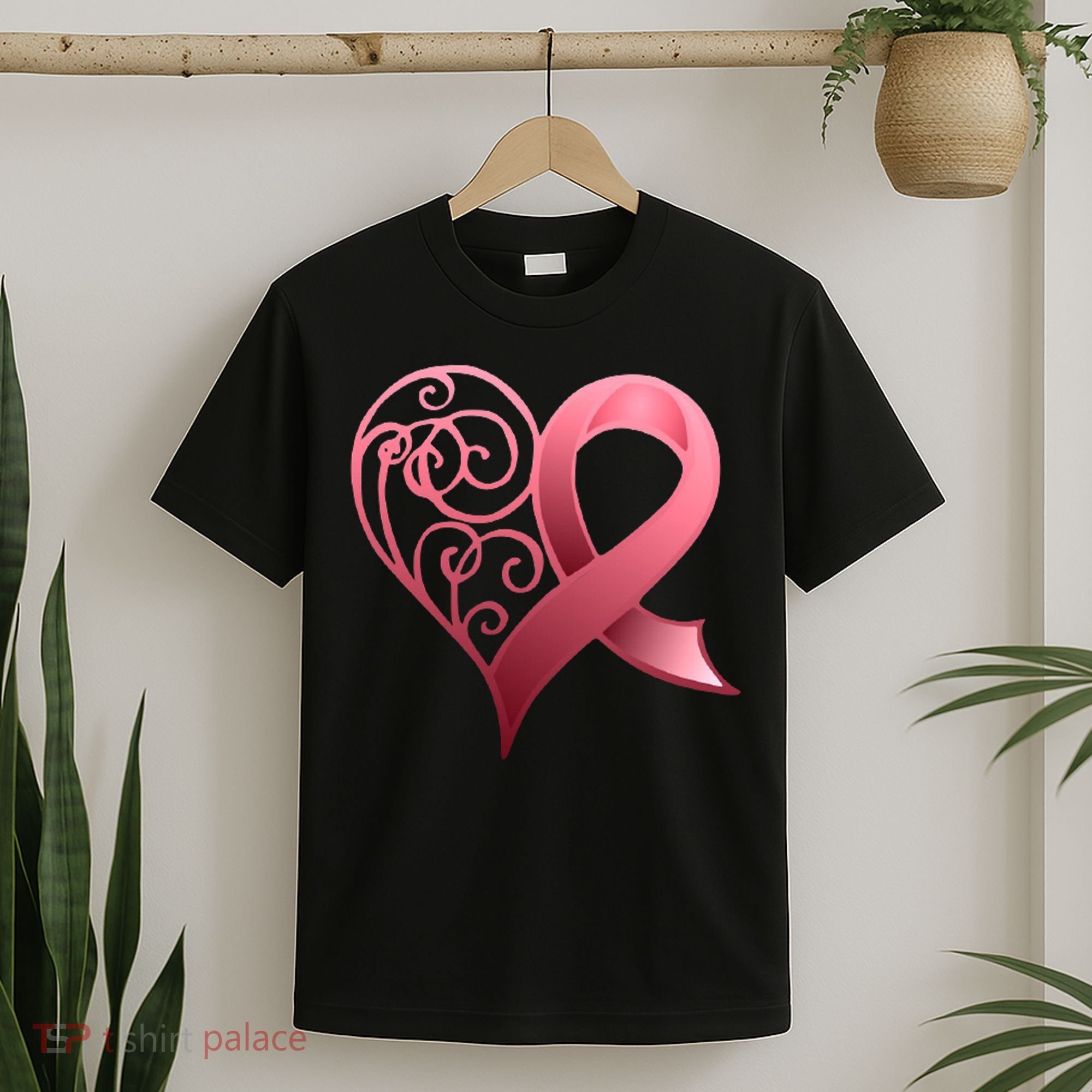 Breast Cancer Awareness Ribbon Heart Pattern T-Shirt