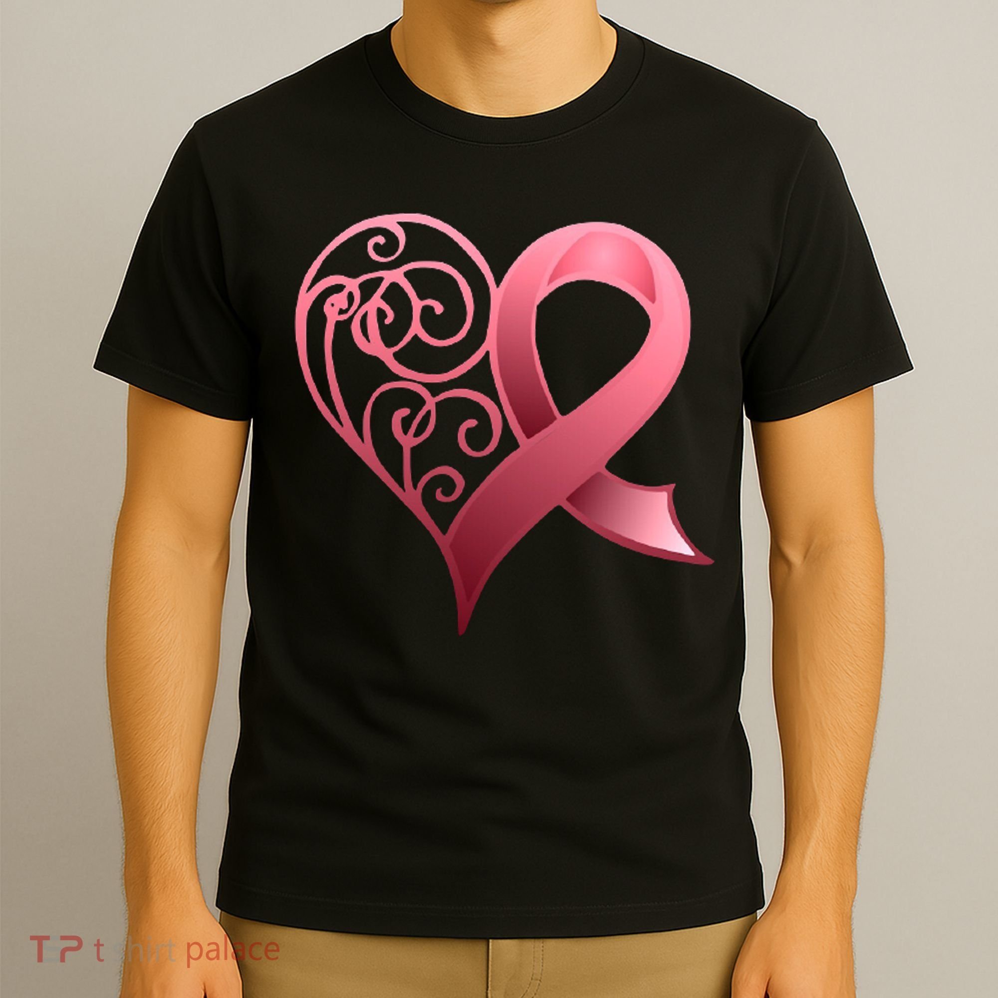 Breast Cancer Awareness Ribbon Heart Pattern T-Shirt