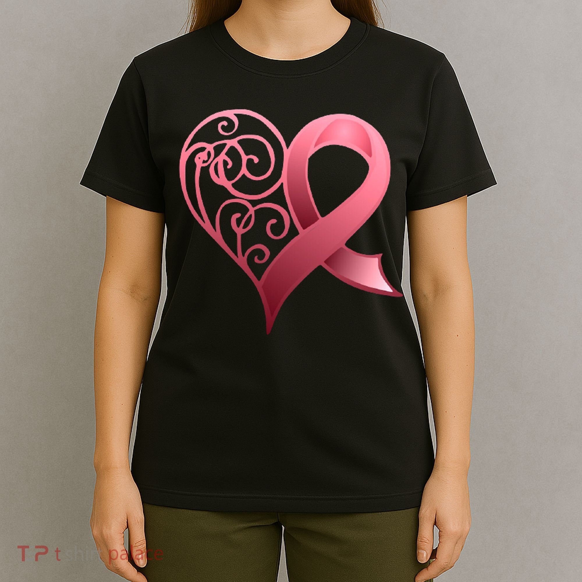 Breast Cancer Awareness Ribbon Heart Pattern T-Shirt