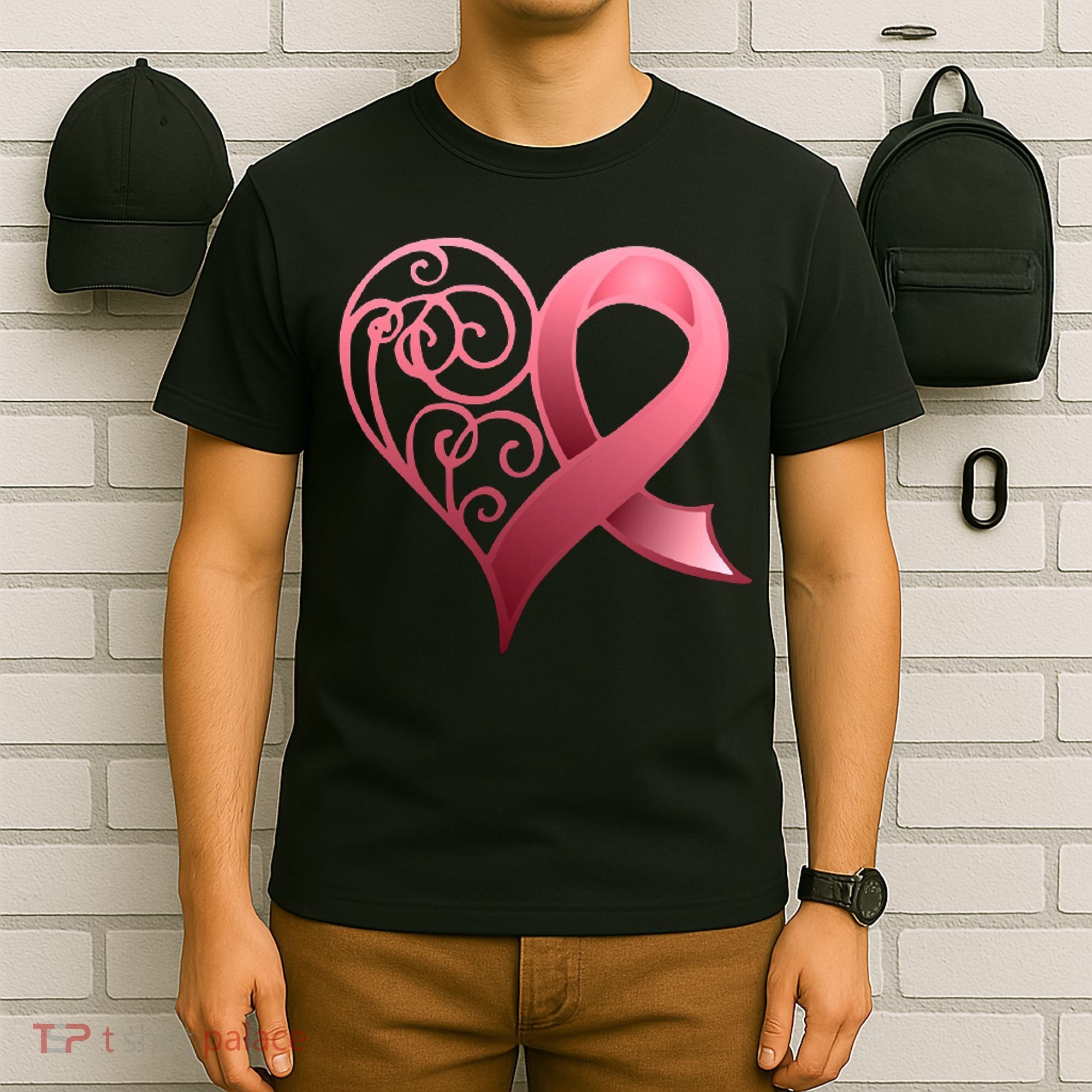 Breast Cancer Awareness Ribbon Heart Pattern T-Shirt