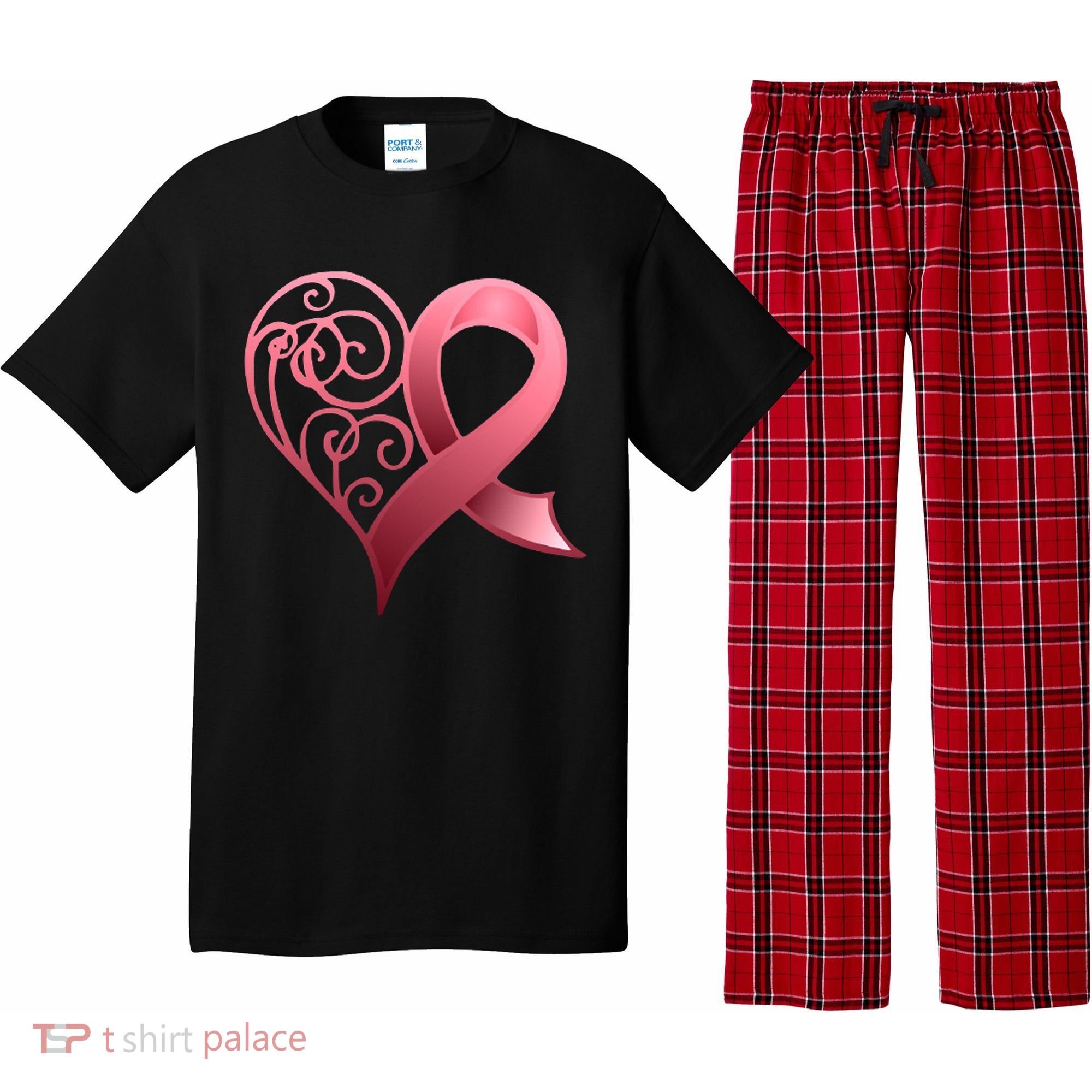 Breast Cancer Awareness Ribbon Heart Pattern Pajama Set