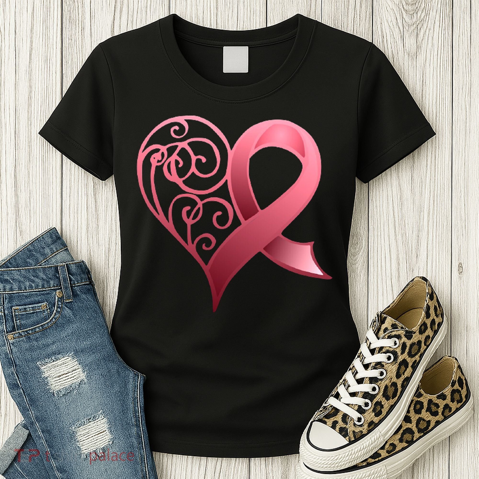 Breast Cancer Awareness Ribbon Heart Pattern Women's T-Shirt