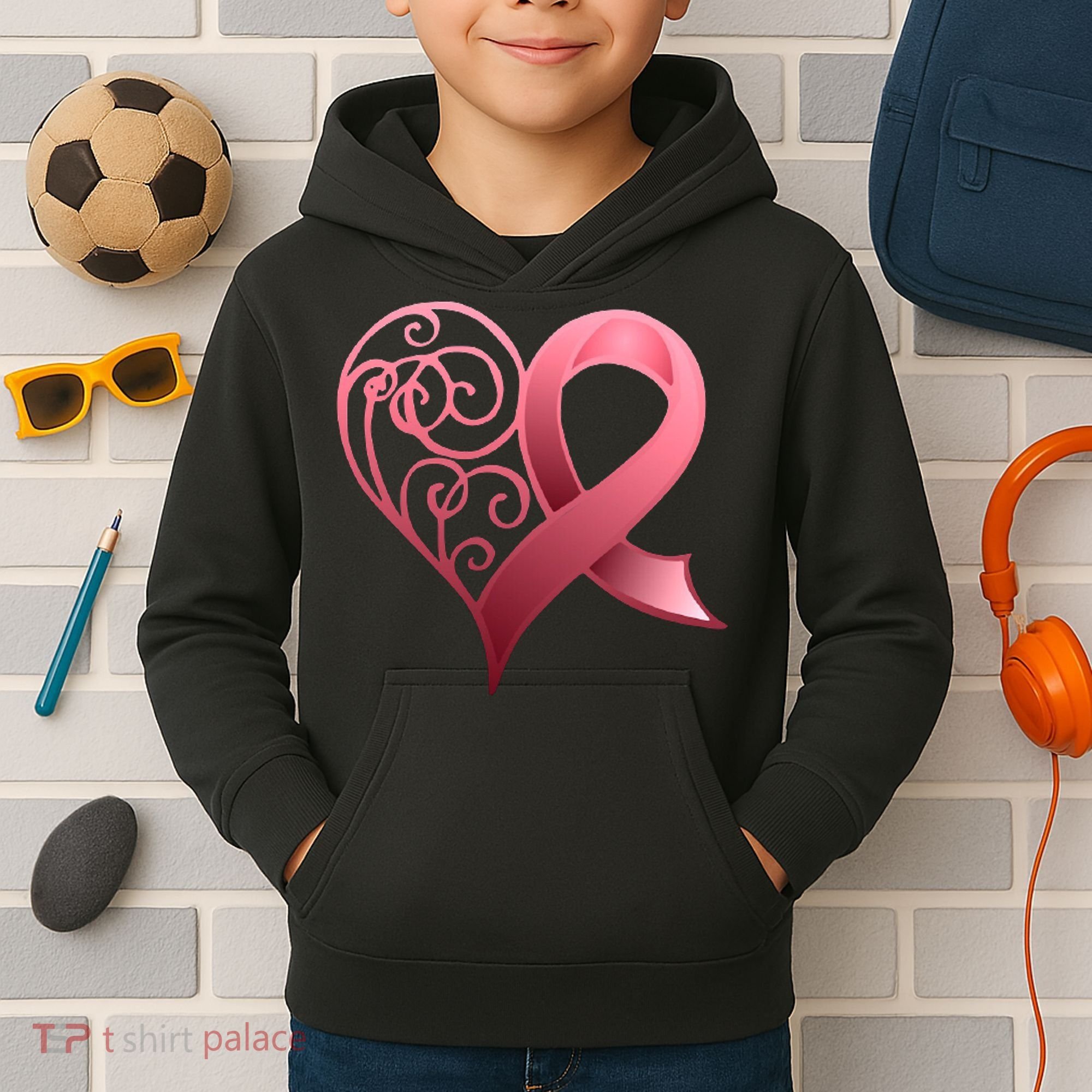 Breast Cancer Awareness Ribbon Heart Pattern Kids Hoodie
