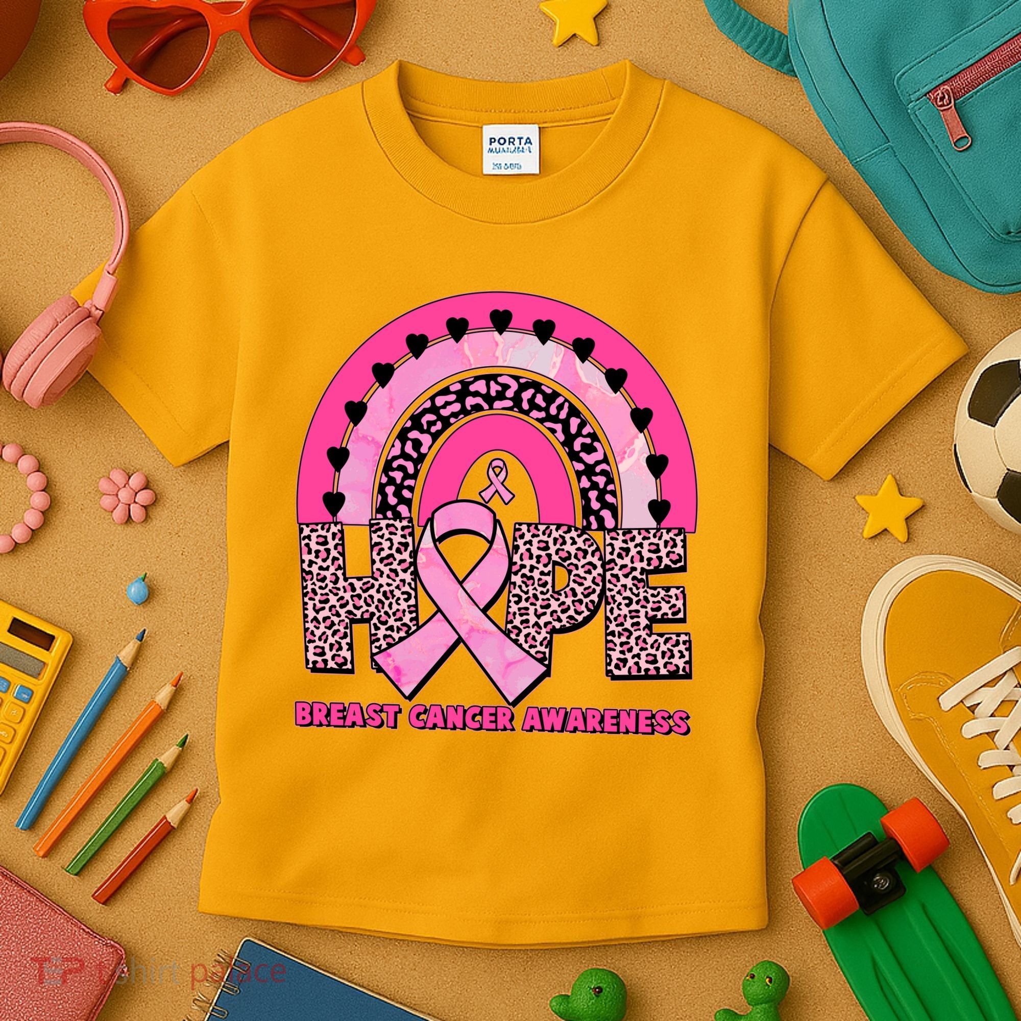 Breast Cancer Awareness Pink Leopard Print Rainbow Kids T-Shirt