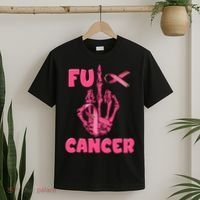 Breast Cancer Awareness Fu Cancer Skeleton Middle Finger Pink Ribbon T-Shirt thumb 2