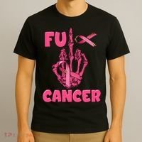 Breast Cancer Awareness Fu Cancer Skeleton Middle Finger Pink Ribbon T-Shirt thumb 3