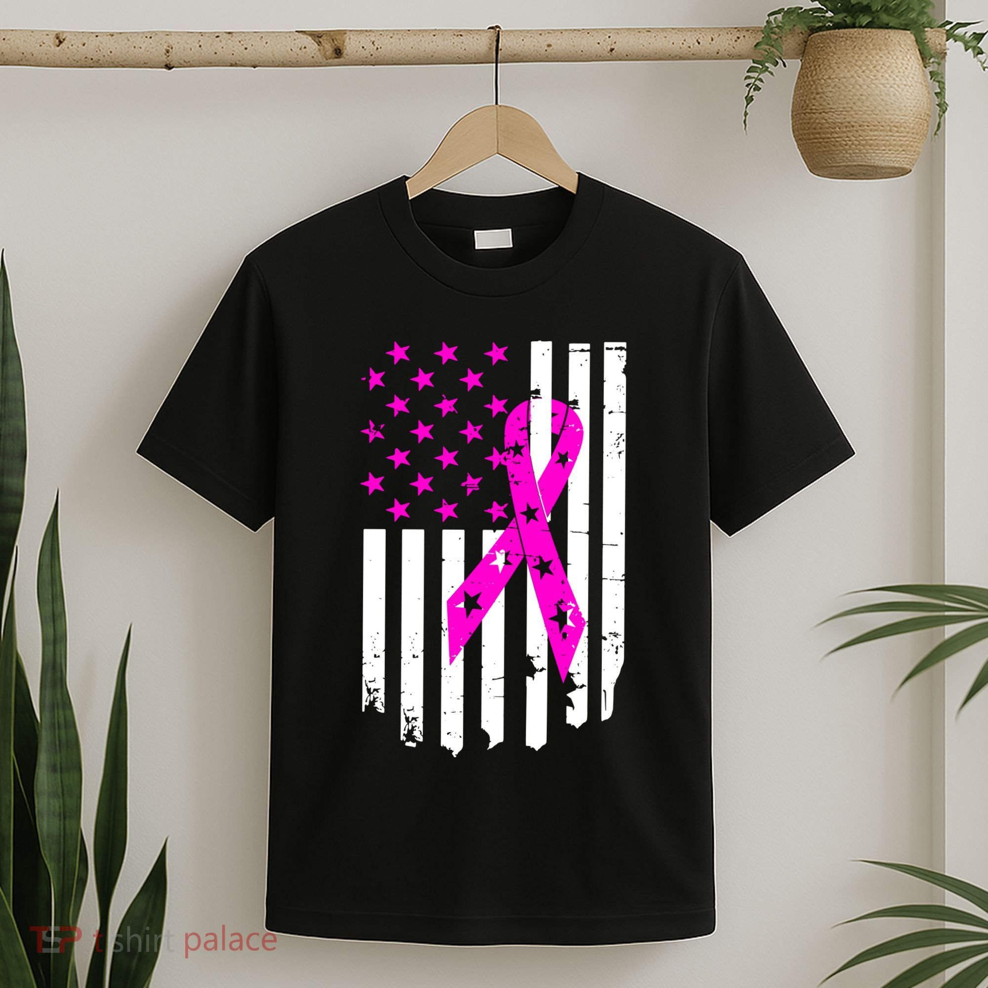 Breast Cancer Awareness Ribbon American Flag T-Shirt