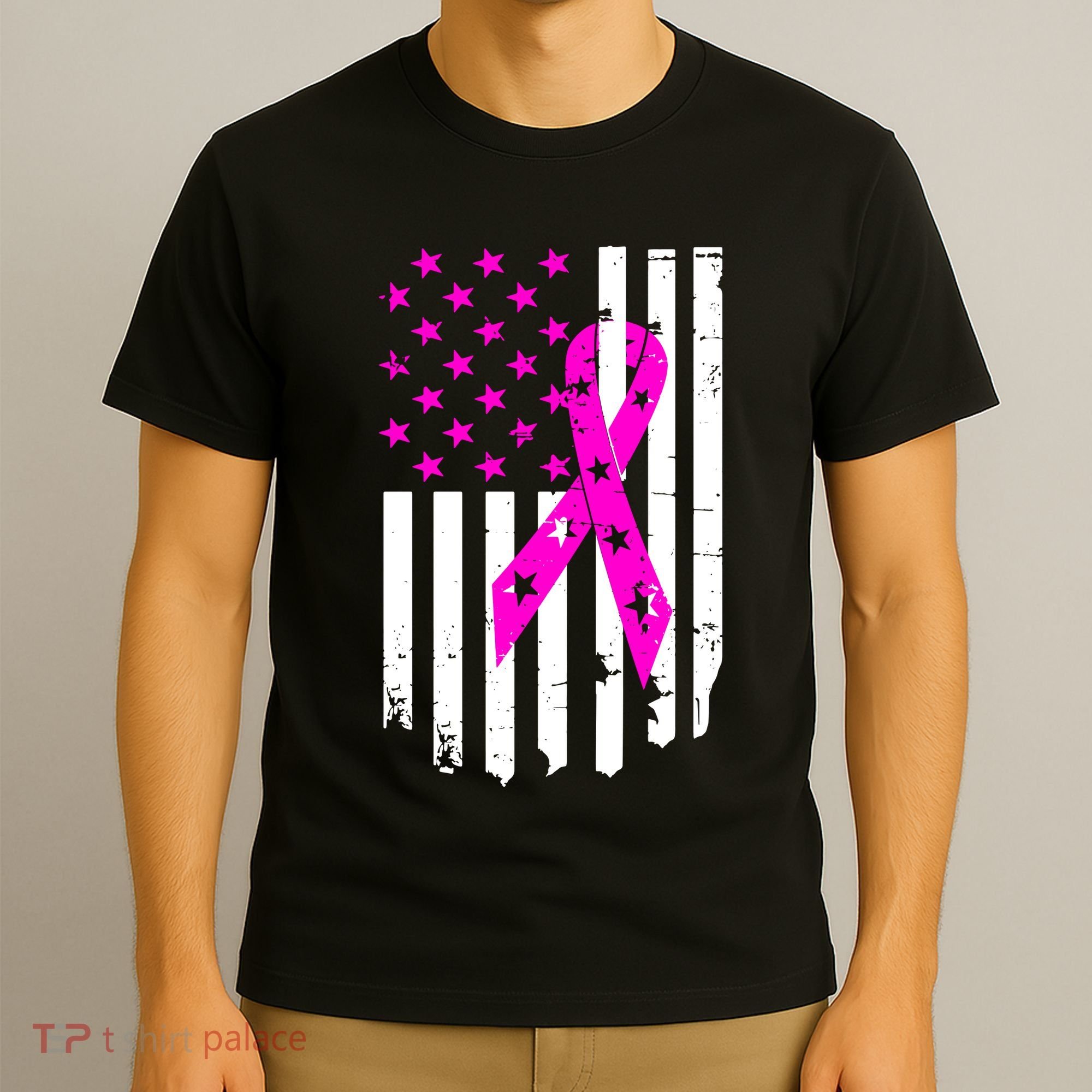 Breast Cancer Awareness Ribbon American Flag T-Shirt