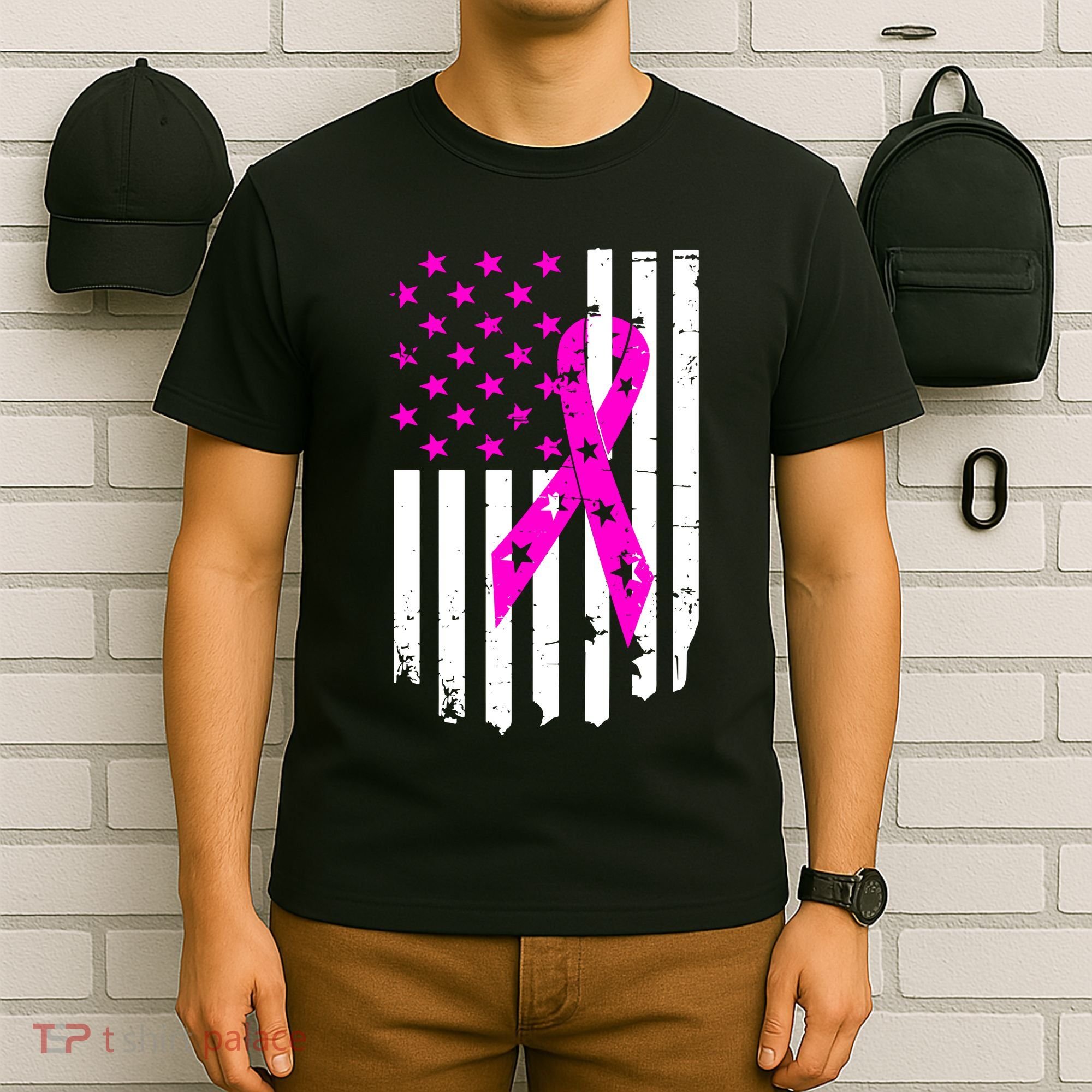 Breast Cancer Awareness Ribbon American Flag T-Shirt