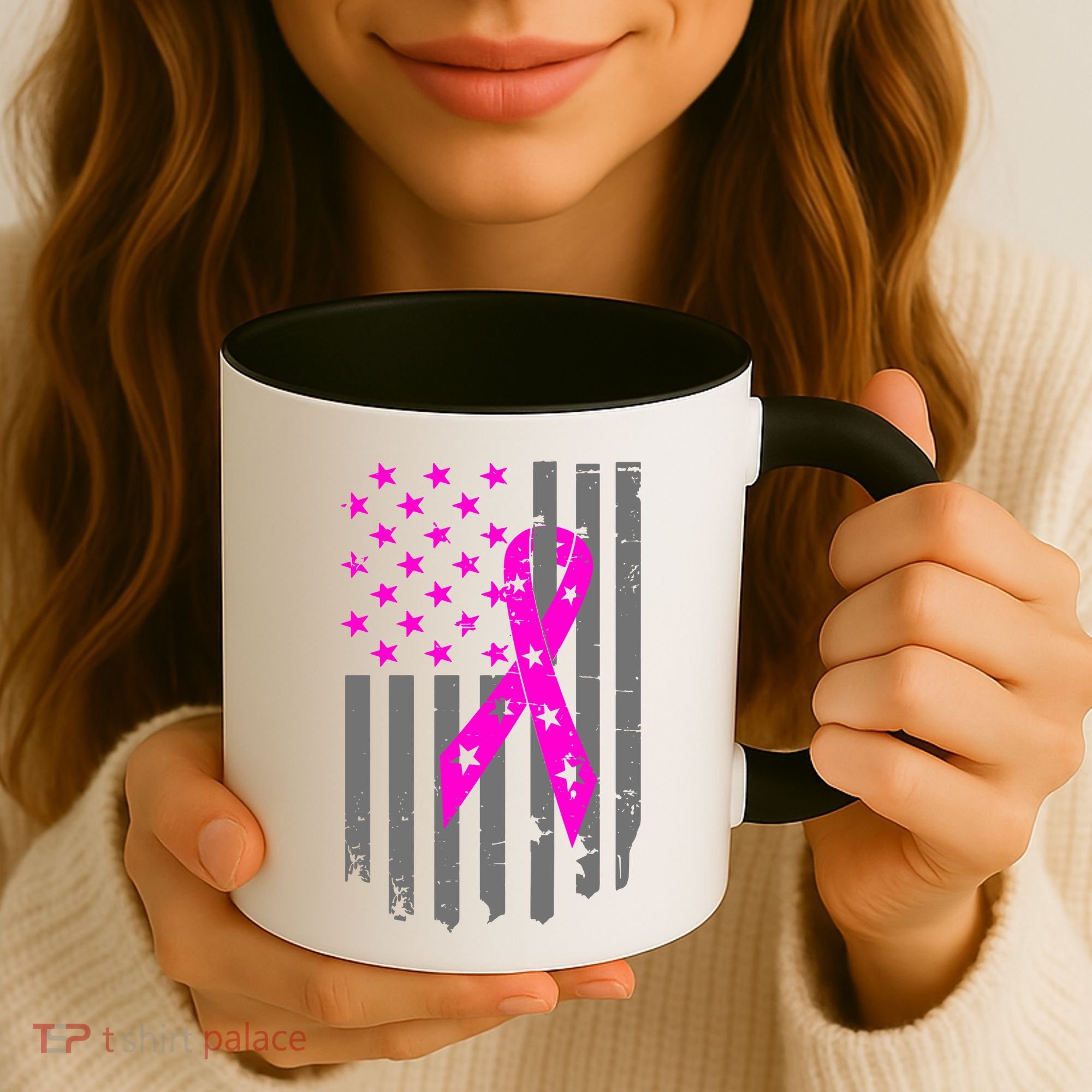Breast Cancer Awareness Ribbon American Flag Coffee Mug