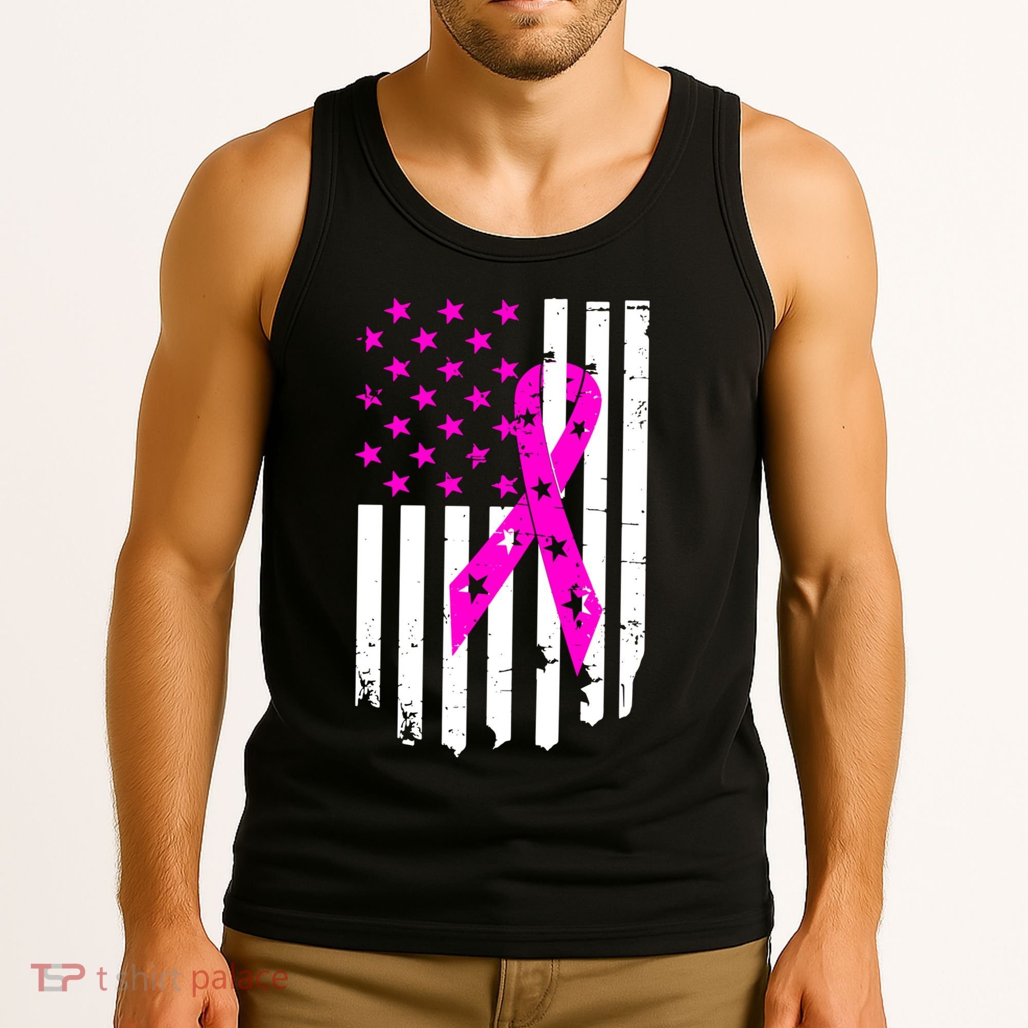 Breast Cancer Awareness Ribbon American Flag Tank Top