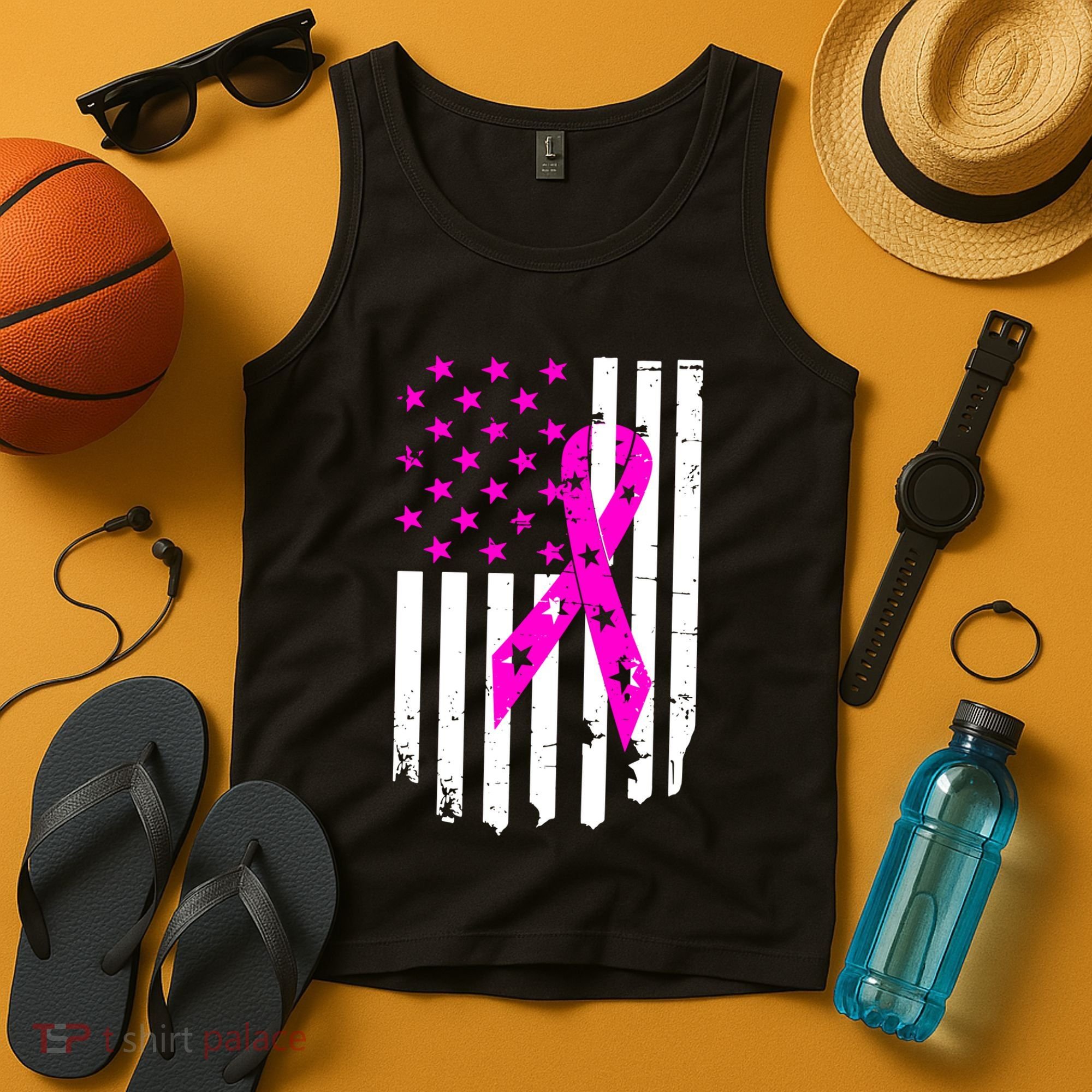 Breast Cancer Awareness Ribbon American Flag Tank Top