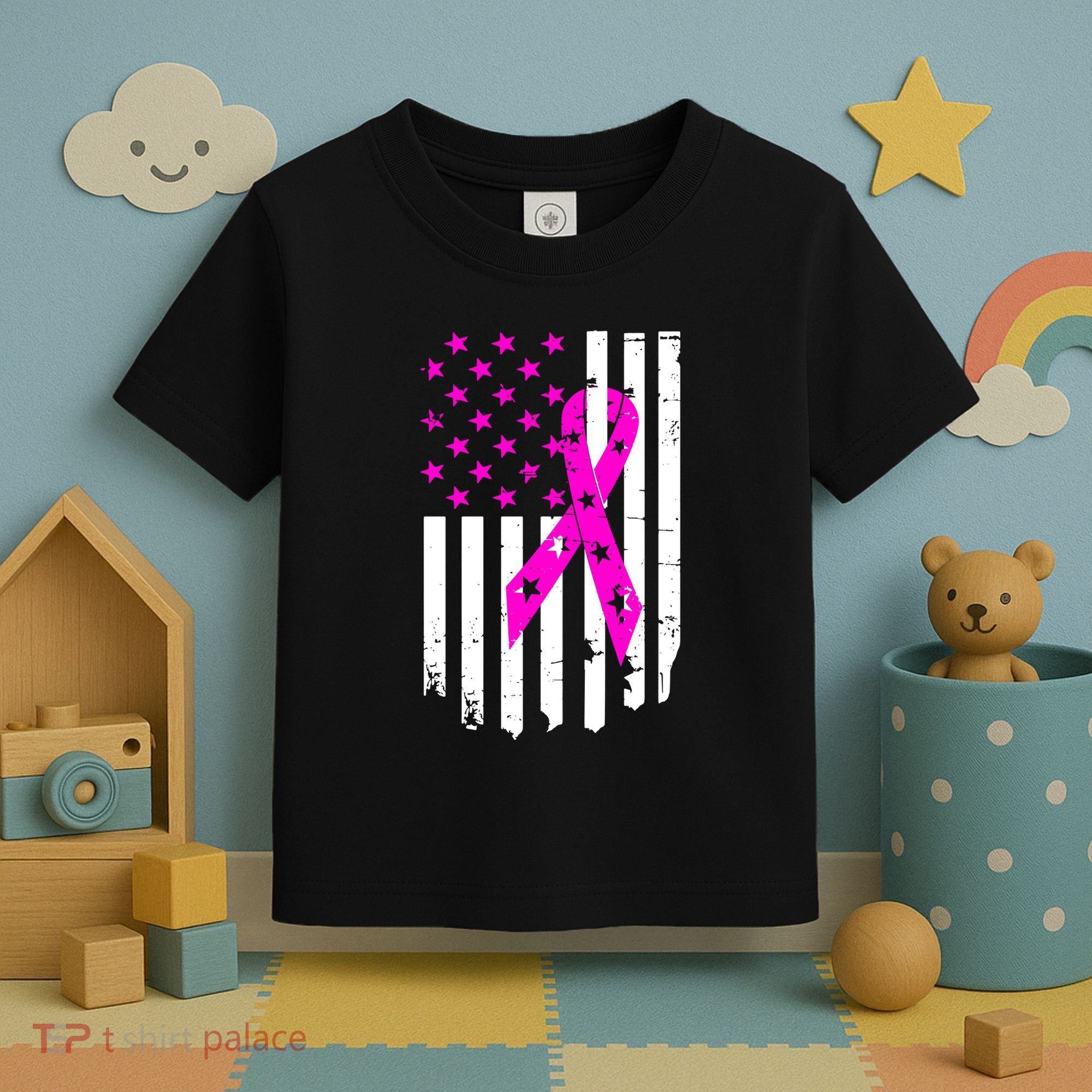 Breast Cancer Awareness Ribbon American Flag Toddler T-Shirt