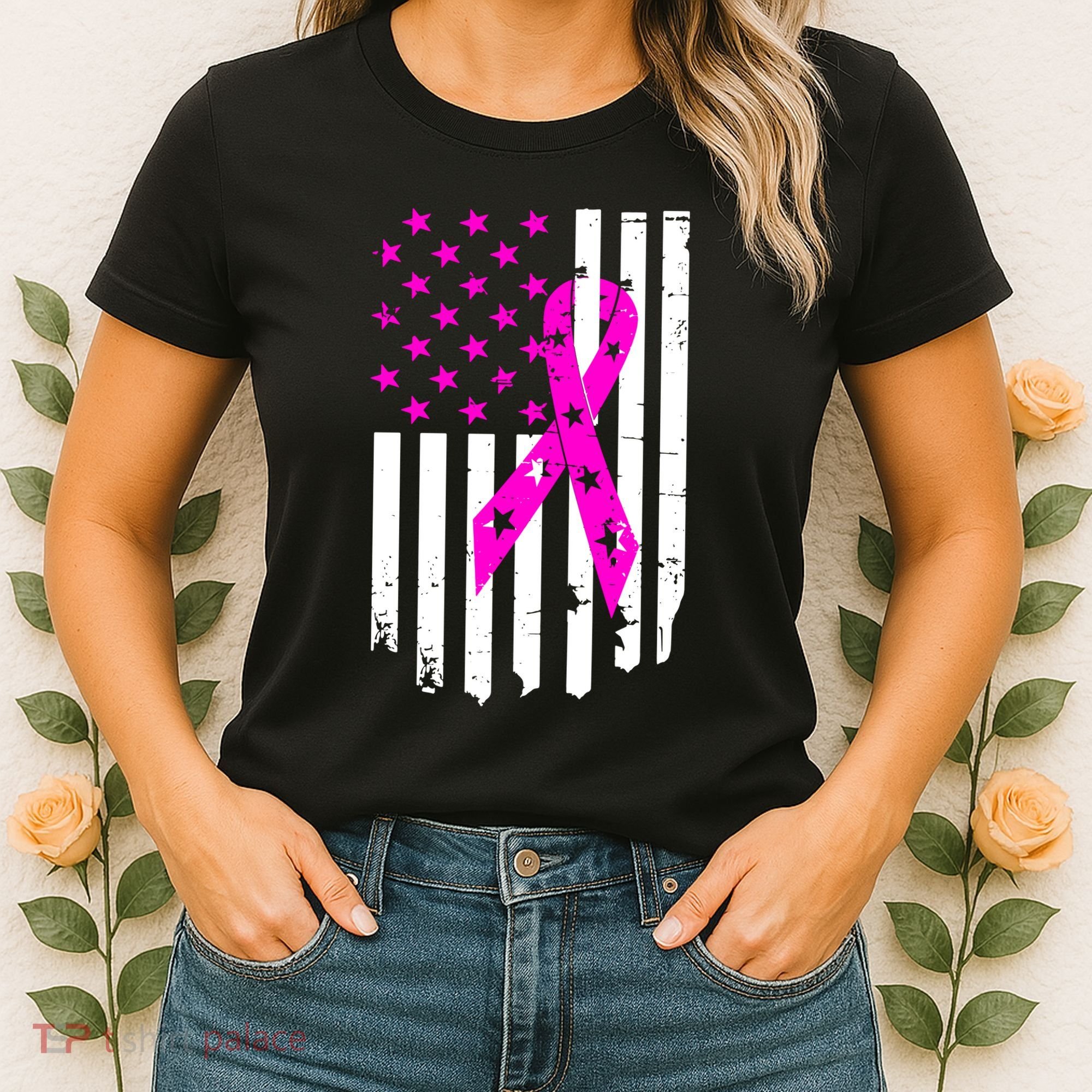 Breast Cancer Awareness Ribbon American Flag Women's T-Shirt