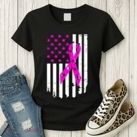 Breast Cancer Awareness Ribbon American Flag Women's T-Shirt thumb 3