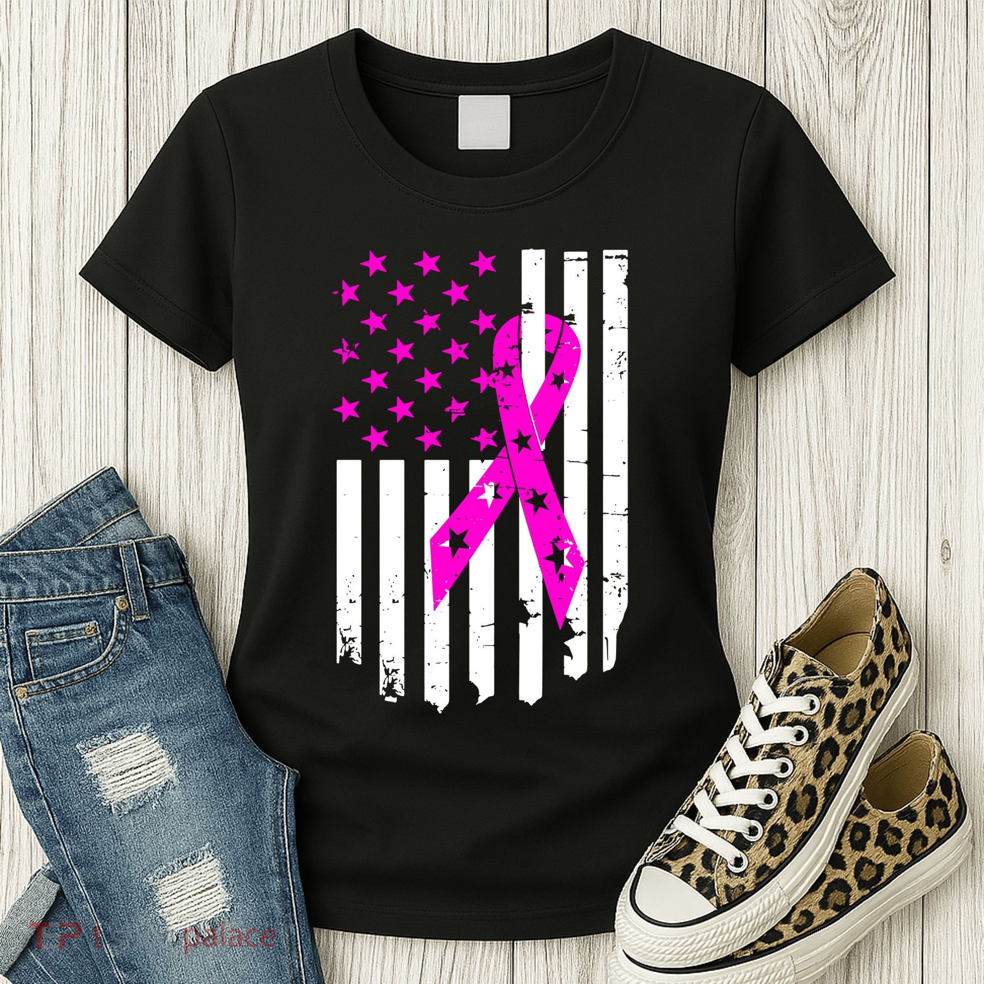 Breast Cancer Awareness Ribbon American Flag Women's T-Shirt