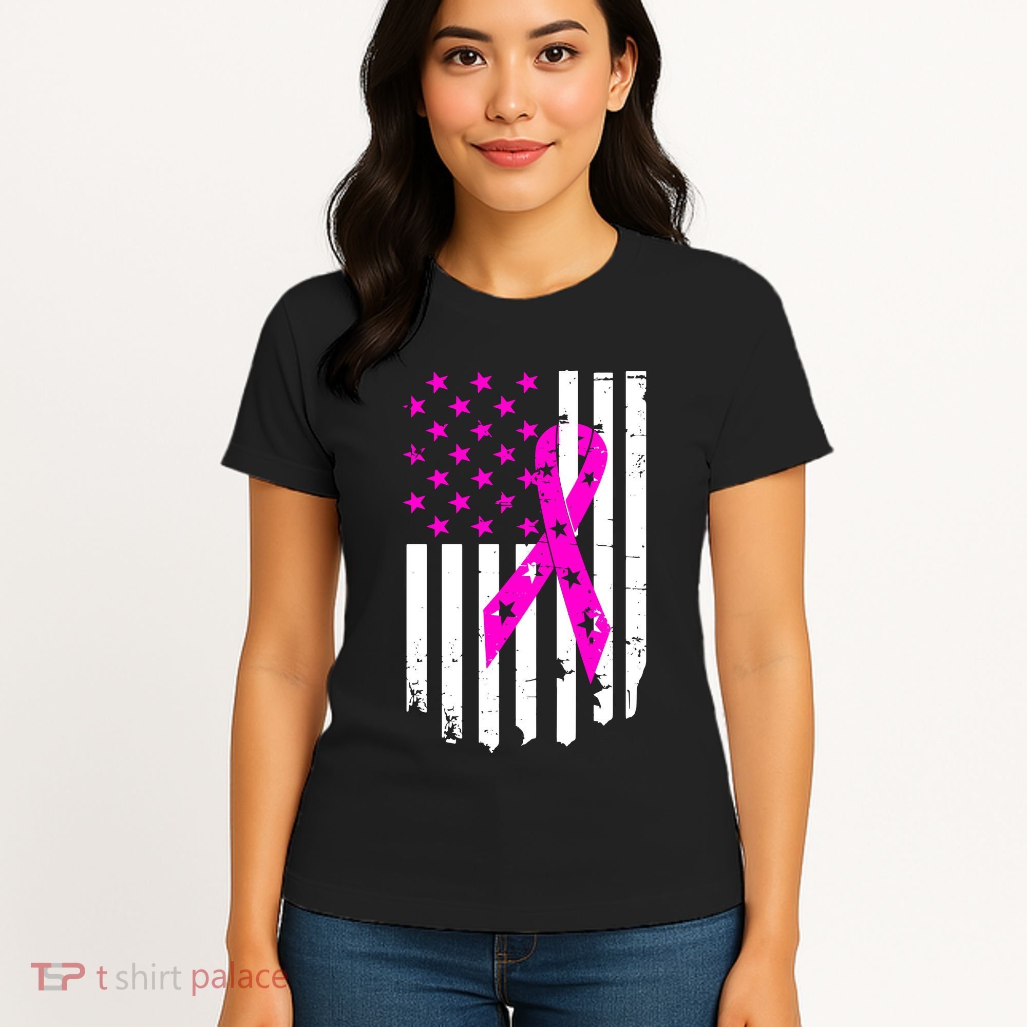 Breast Cancer Awareness Ribbon American Flag Women's T-Shirt