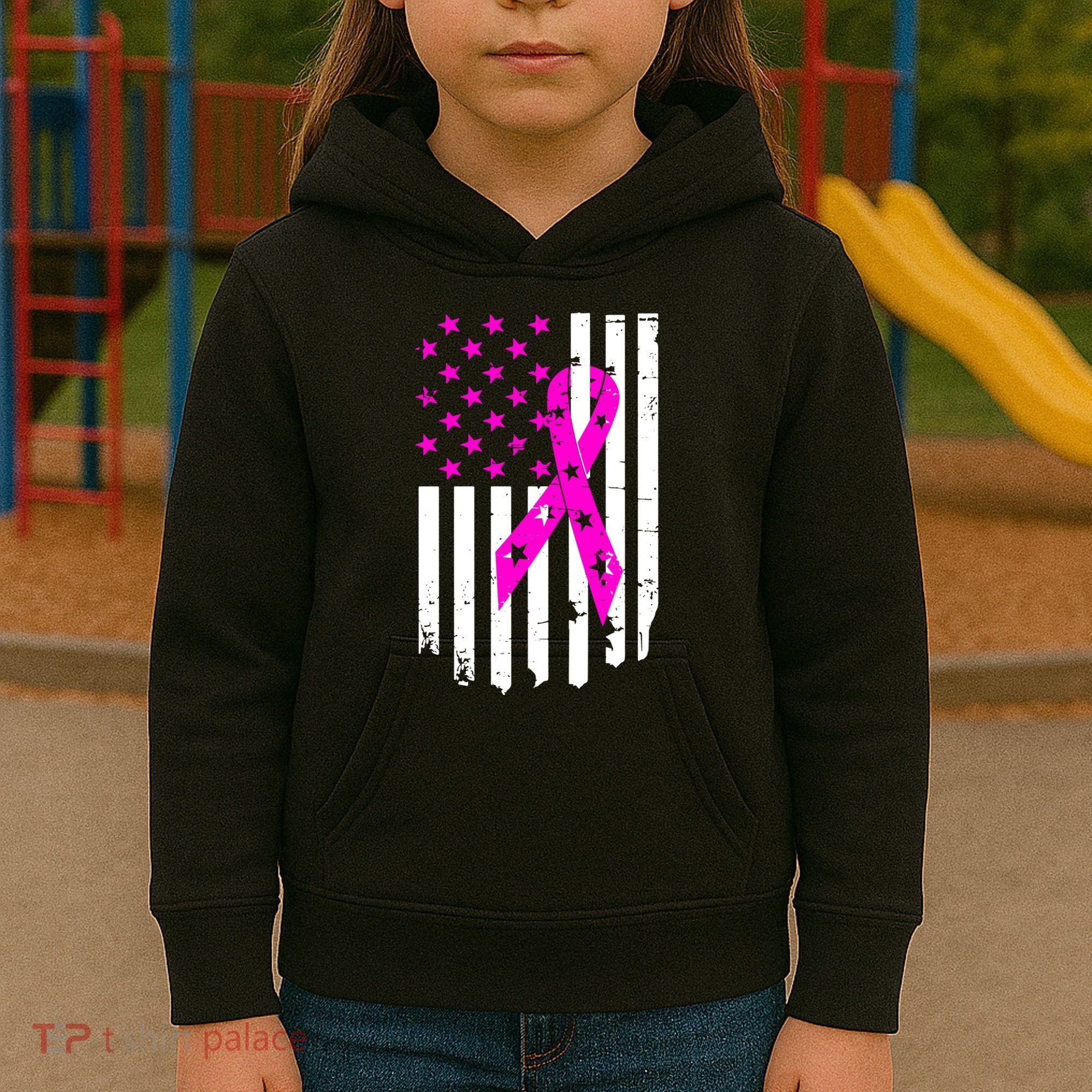Breast Cancer Awareness Ribbon American Flag Kids Hoodie