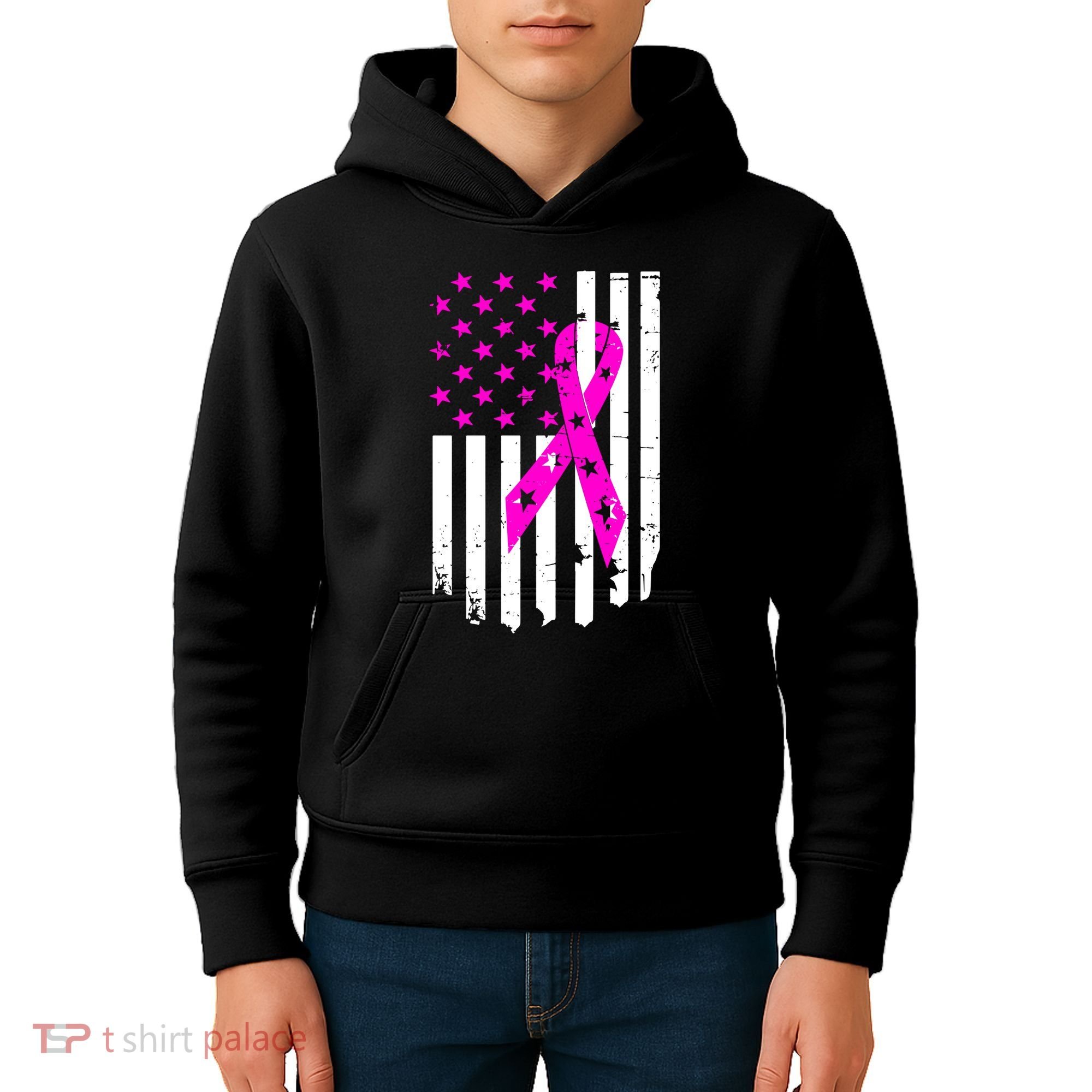Breast Cancer Awareness Ribbon American Flag Kids Hoodie