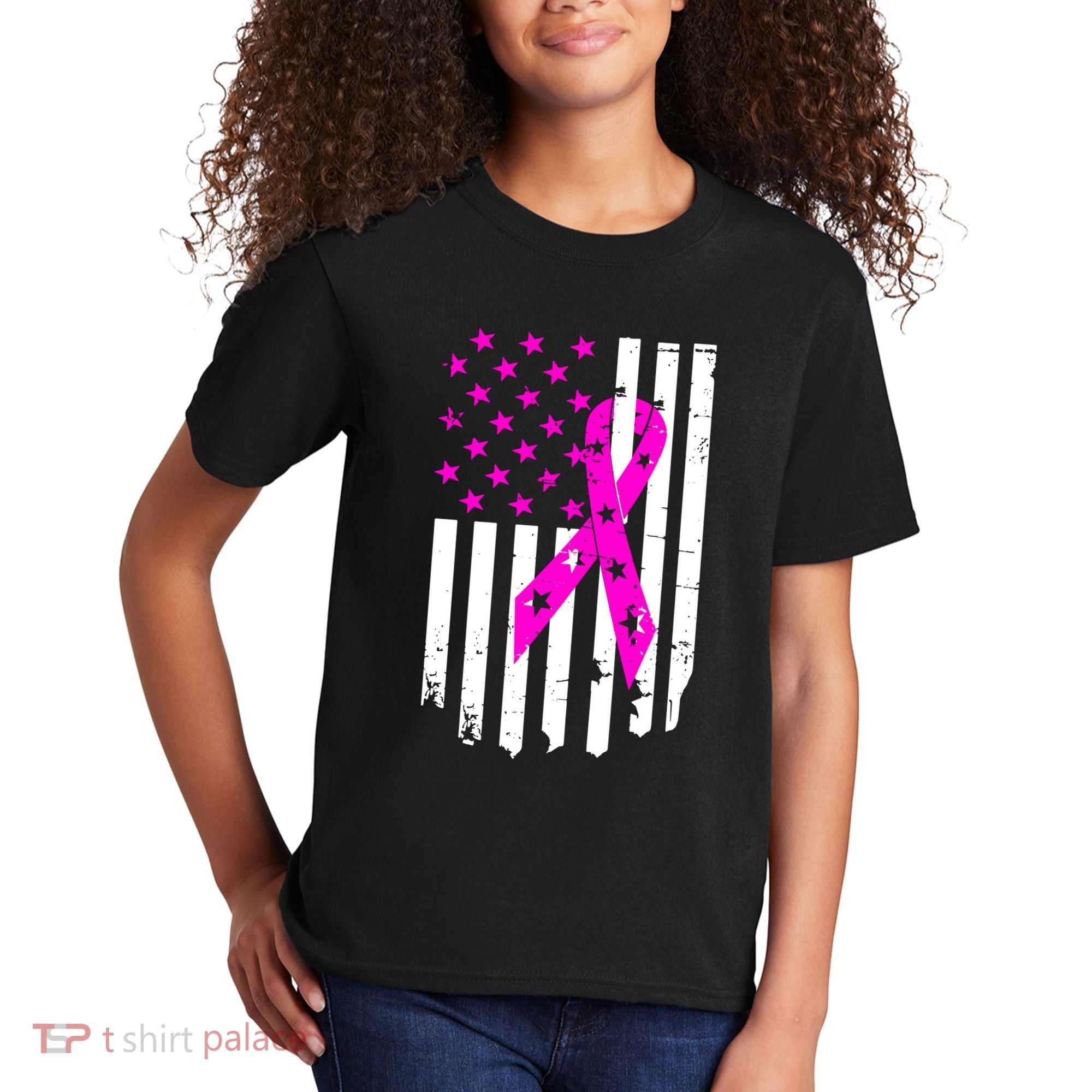 Breast Cancer Awareness Ribbon American Flag Kids T-Shirt