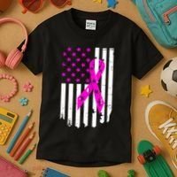 Breast Cancer Awareness Ribbon American Flag Kids T-Shirt thumb 3