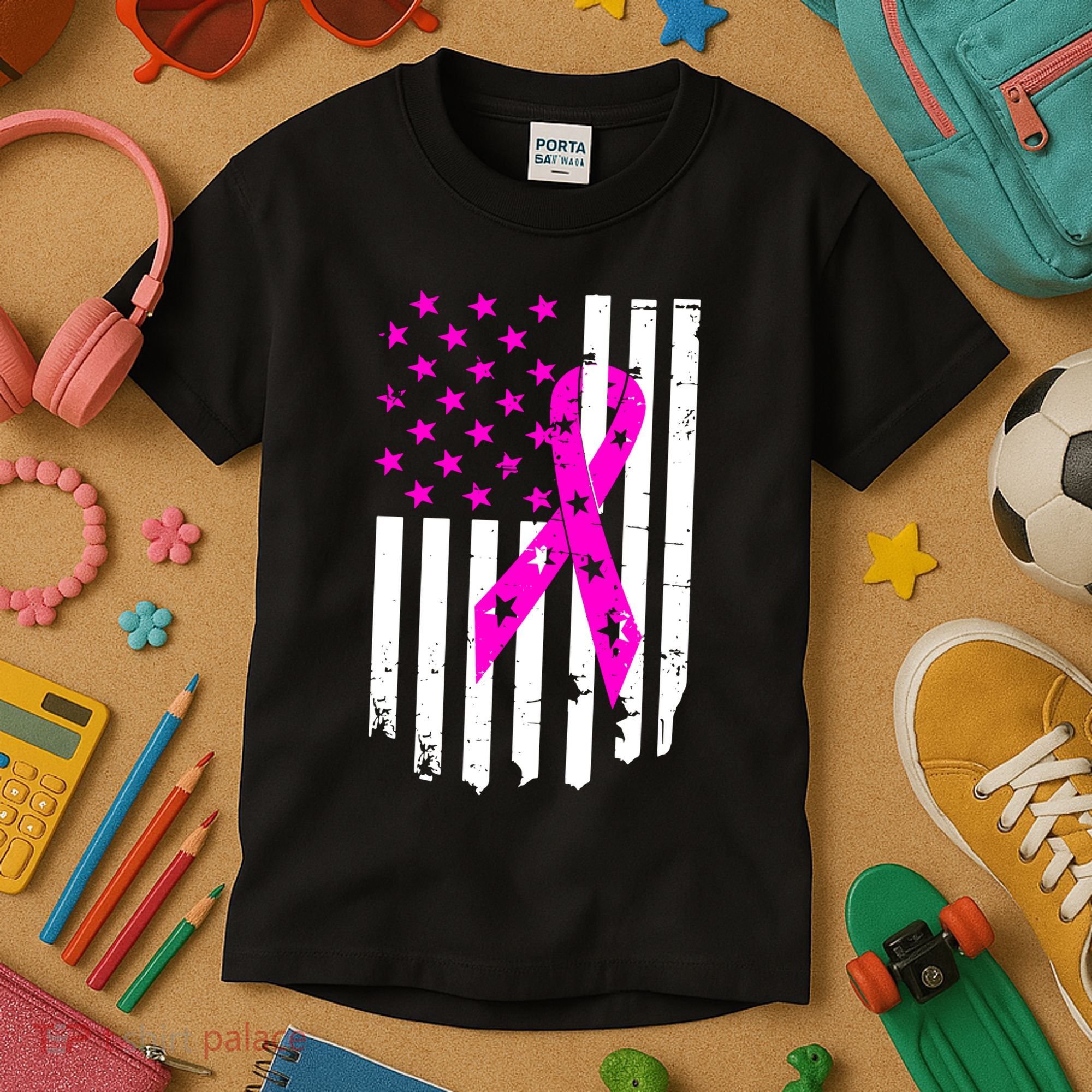Breast Cancer Awareness Ribbon American Flag Kids T-Shirt