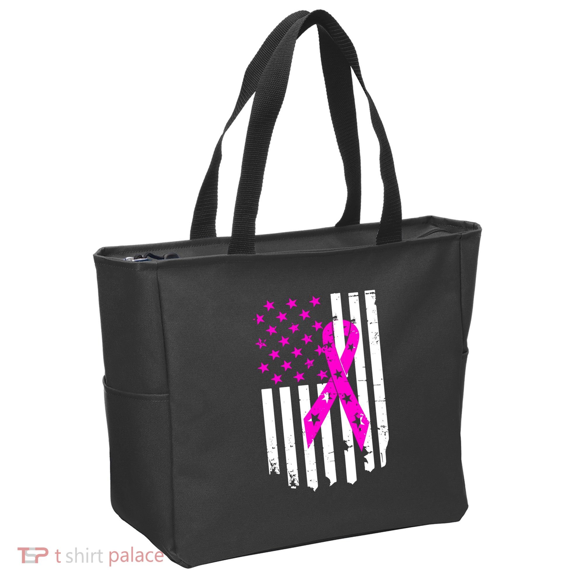 Breast Cancer Awareness Ribbon American Flag Tote Bag