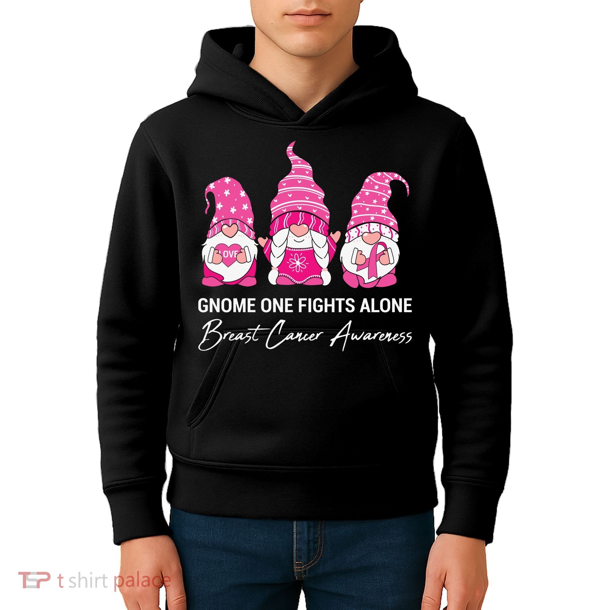Breast Cancer Awareness Gnome No One Fights Alone Kids Hoodie
