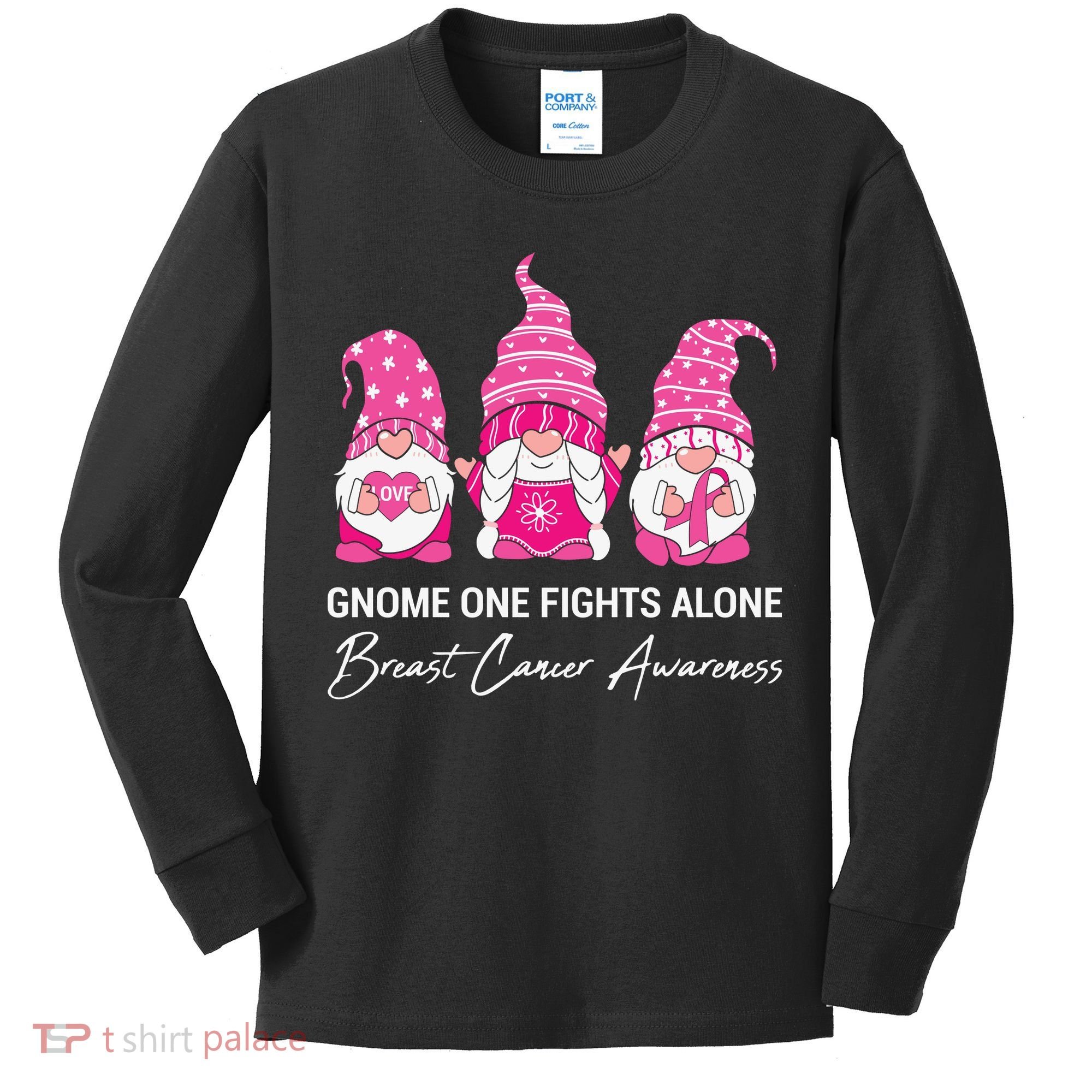 Breast Cancer Awareness Gnome No One Fights Alone Kids Long Sleeve Shirt