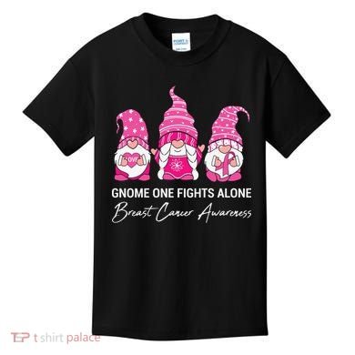 Breast Cancer Awareness Gnome No One Fights Alone Kids T-Shirt