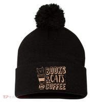 Books Cats And Coffee Lover Pom Pom 12in Knit Beanie thumb 0