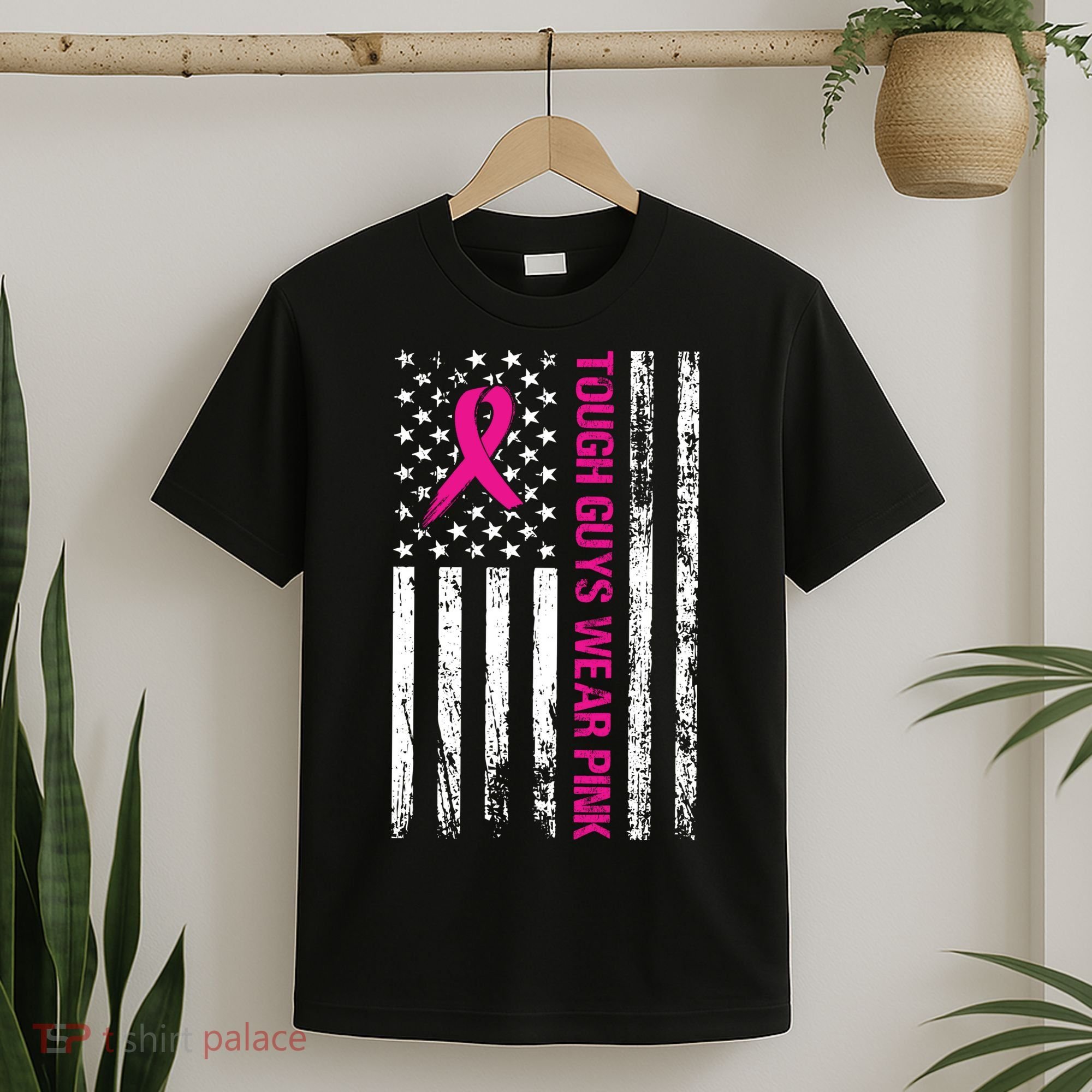 Breast Cancer Awareness Tough Guys Wear Pink American Us Flag Pink Ribbon T-Shirt