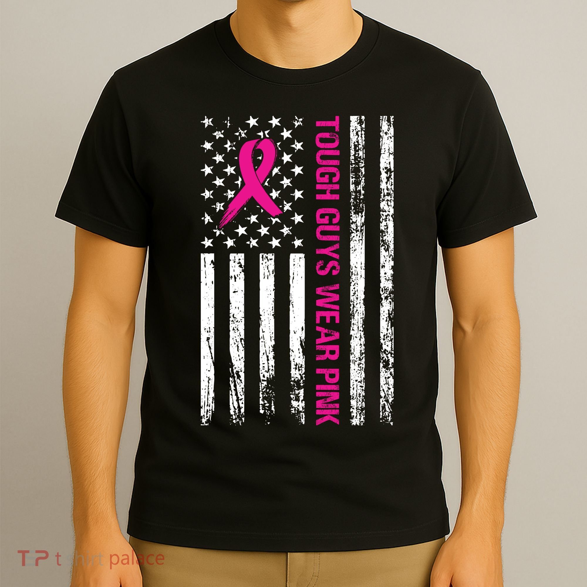 Breast Cancer Awareness Tough Guys Wear Pink American Us Flag Pink Ribbon T-Shirt