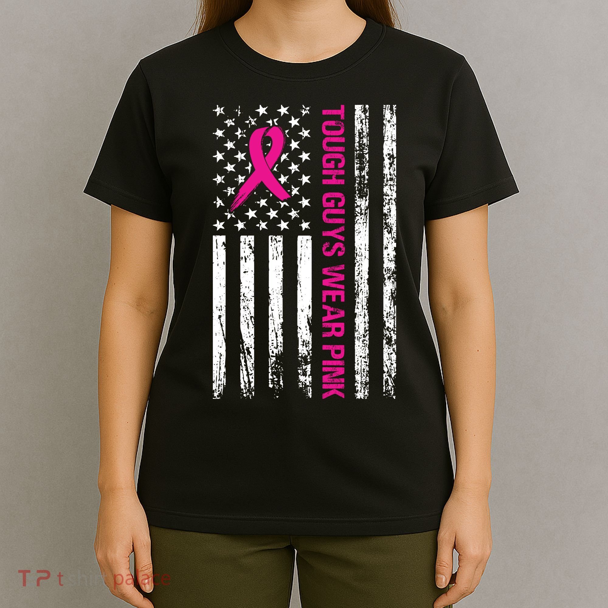 Breast Cancer Awareness Tough Guys Wear Pink American Us Flag Pink Ribbon T-Shirt