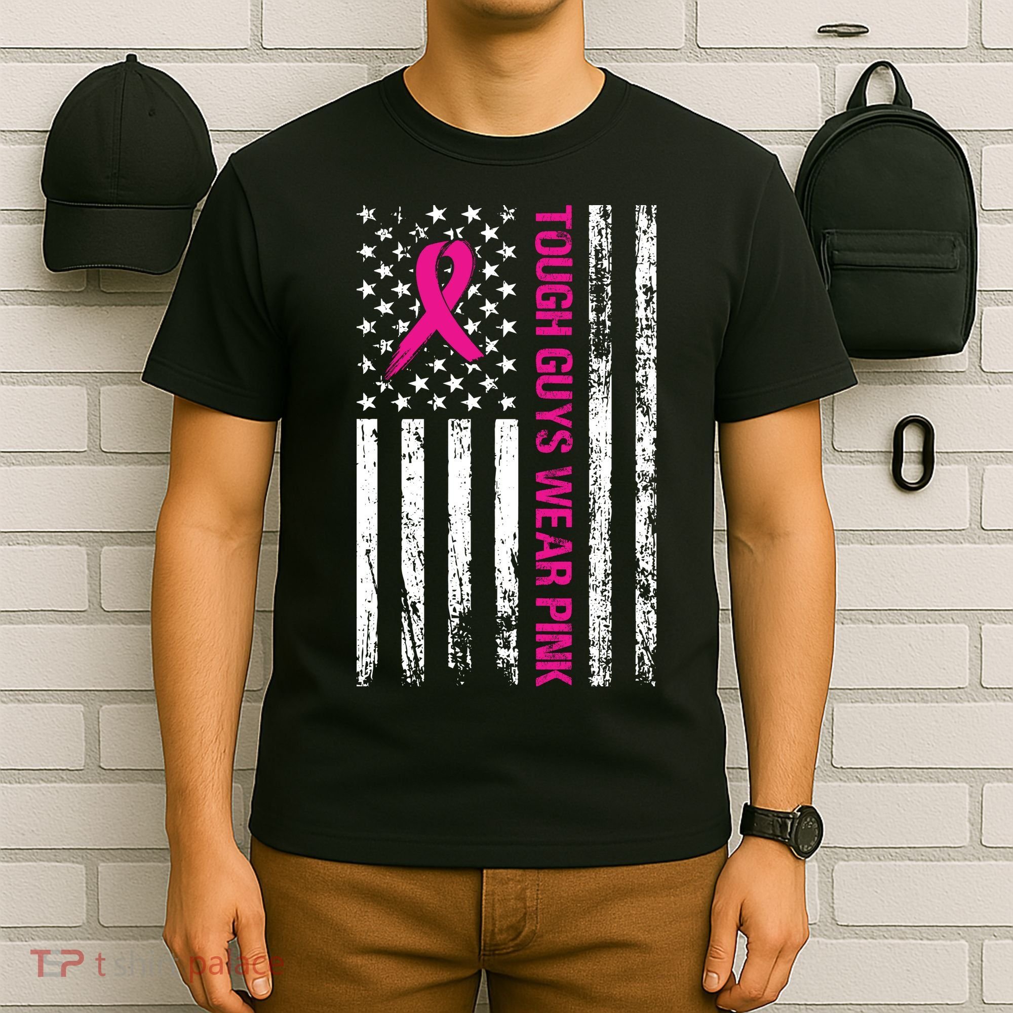 Breast Cancer Awareness Tough Guys Wear Pink American Us Flag Pink Ribbon T-Shirt