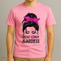 Breast Cancer Awareness Hair Bun Pink Ribbon T-Shirt thumb 3
