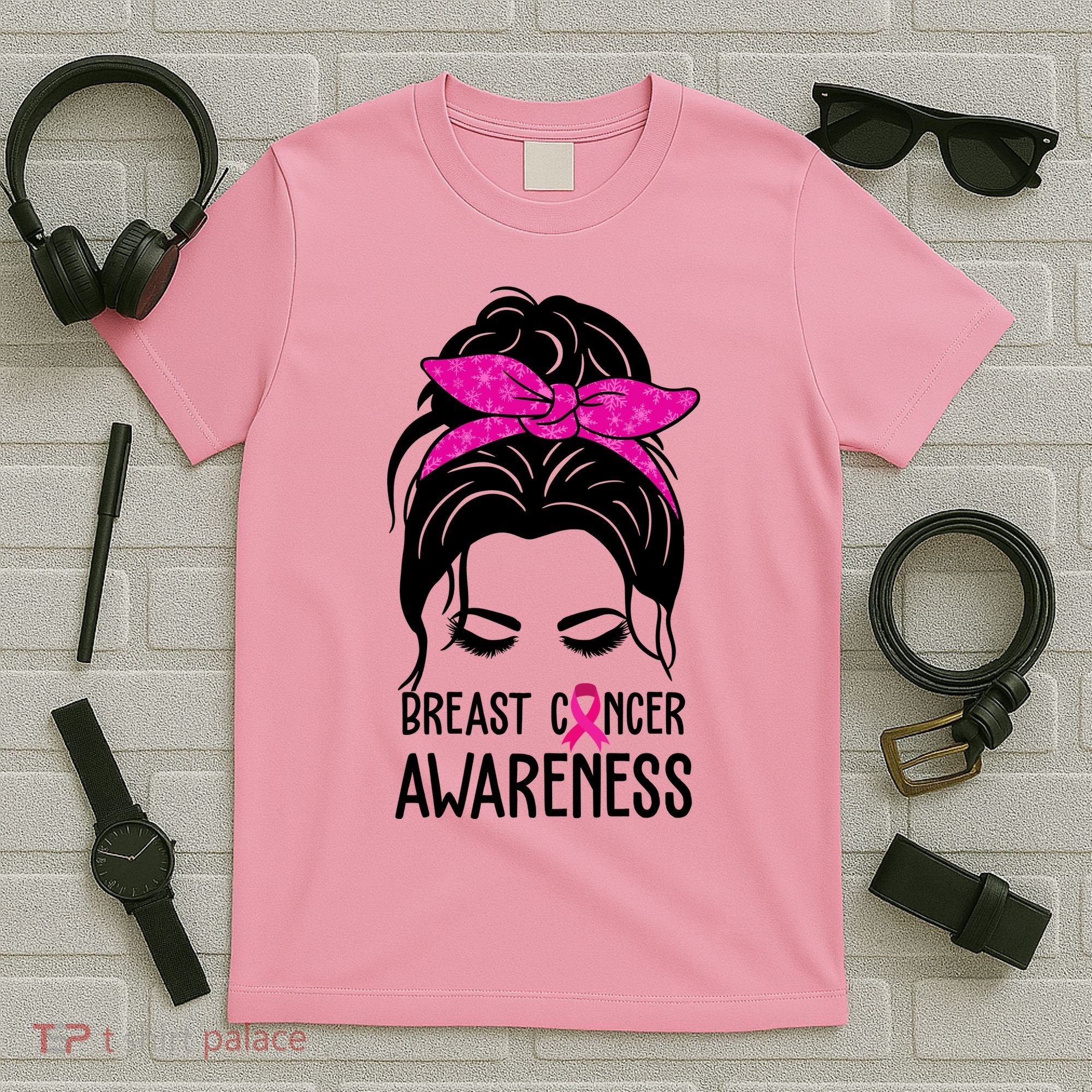 Breast Cancer Awareness Hair Bun Pink Ribbon T-Shirt