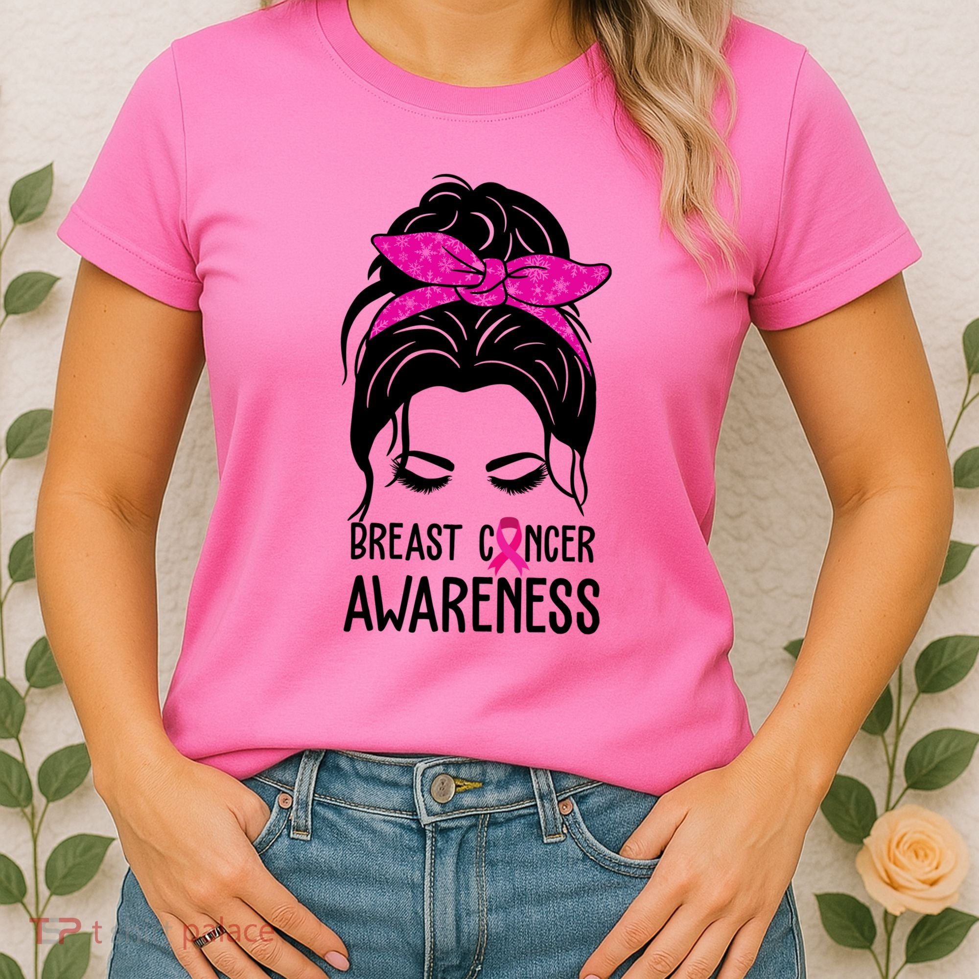 Breast Cancer Awareness Hair Bun Pink Ribbon Women's T-Shirt